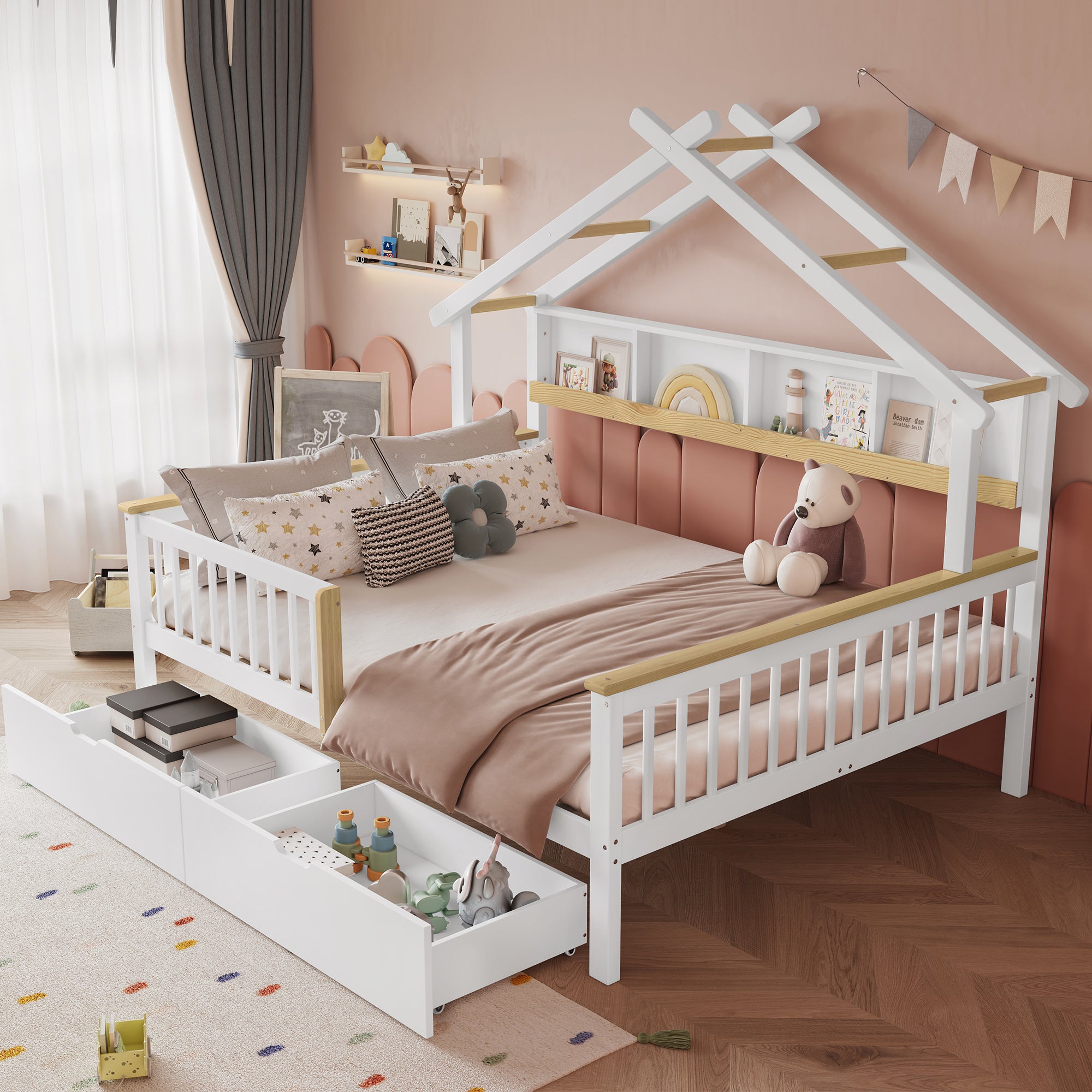 Merax  Cama Infantil 140X200 Cm Con 2 Cajones Y Balda De Almacenaje, Pino + Mdf, + Natural Blanco , Leroy Merlin