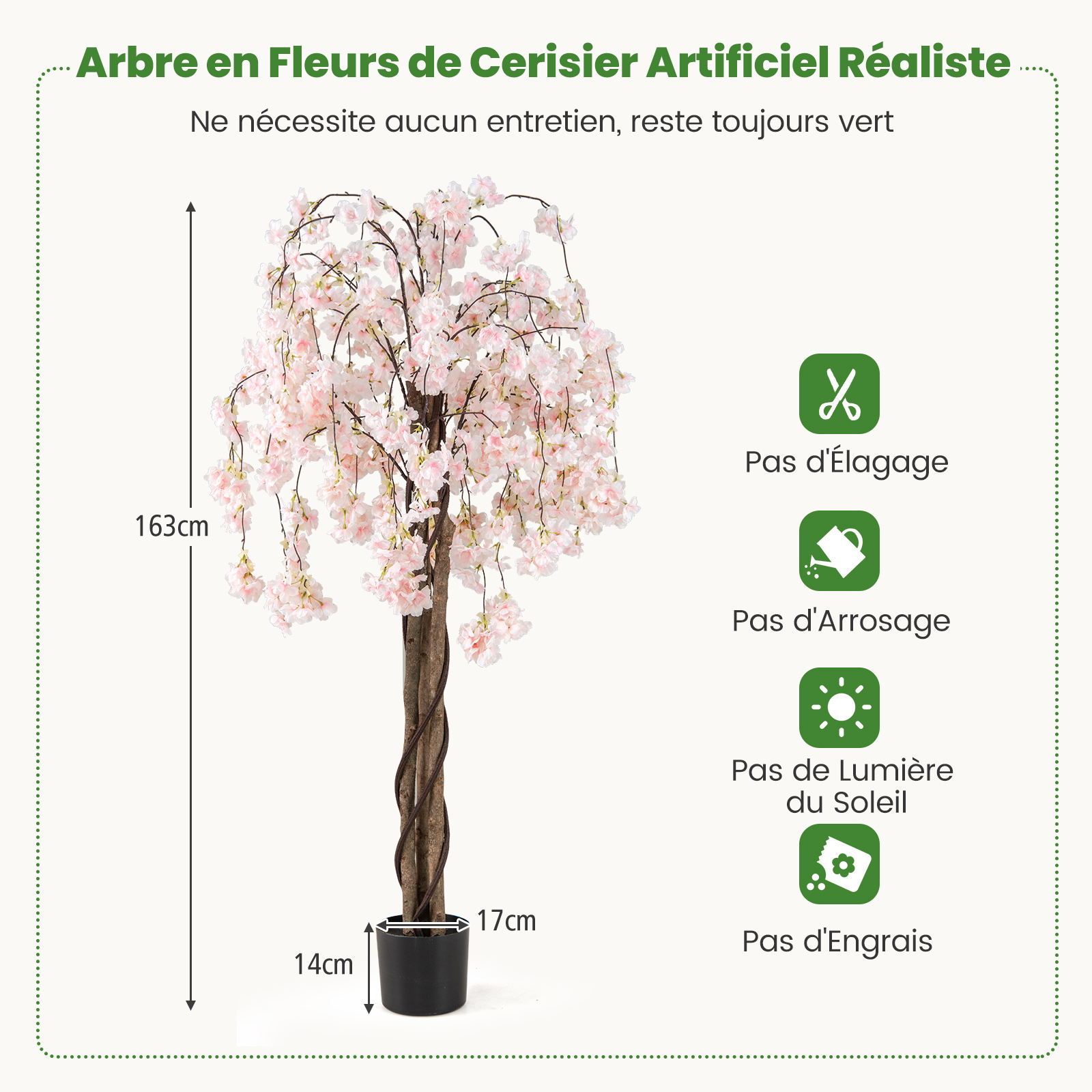 Cerisier Artificiel Réaliste 163 CM, Plante Artificielle en Pot avec Fleurs Roses et Blanches, Arbre Florale Décorative Intérieur Extérieur, Blanc - 4