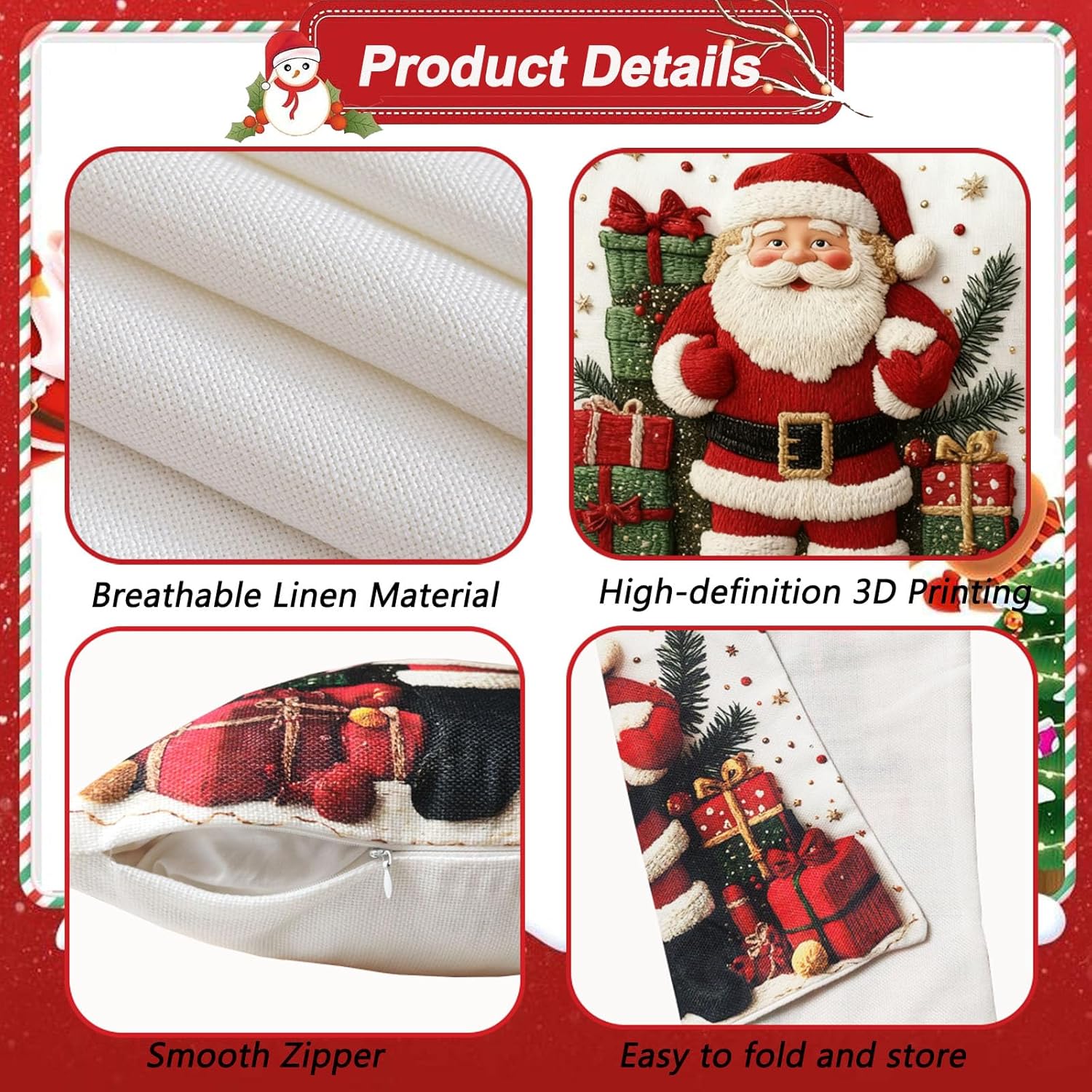 Housse de Coussin Noël 45 x 45cm, Lot de 4 Housse Coussin Noel Sapin, Lin Décoratif Taie d'oreiller de Noel d’Hiver, pour Canapé Salon Chambre Chaise - 3
