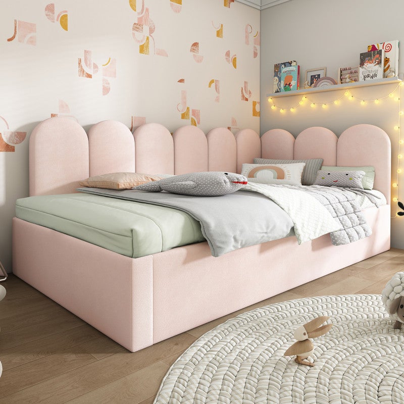 Lit 90x200 avec lit gigogne 90x190, Canapé lit avec parois latérales interchangeables et avec sommier à Lattes,Velours Rose (Sans Matelas) - 6