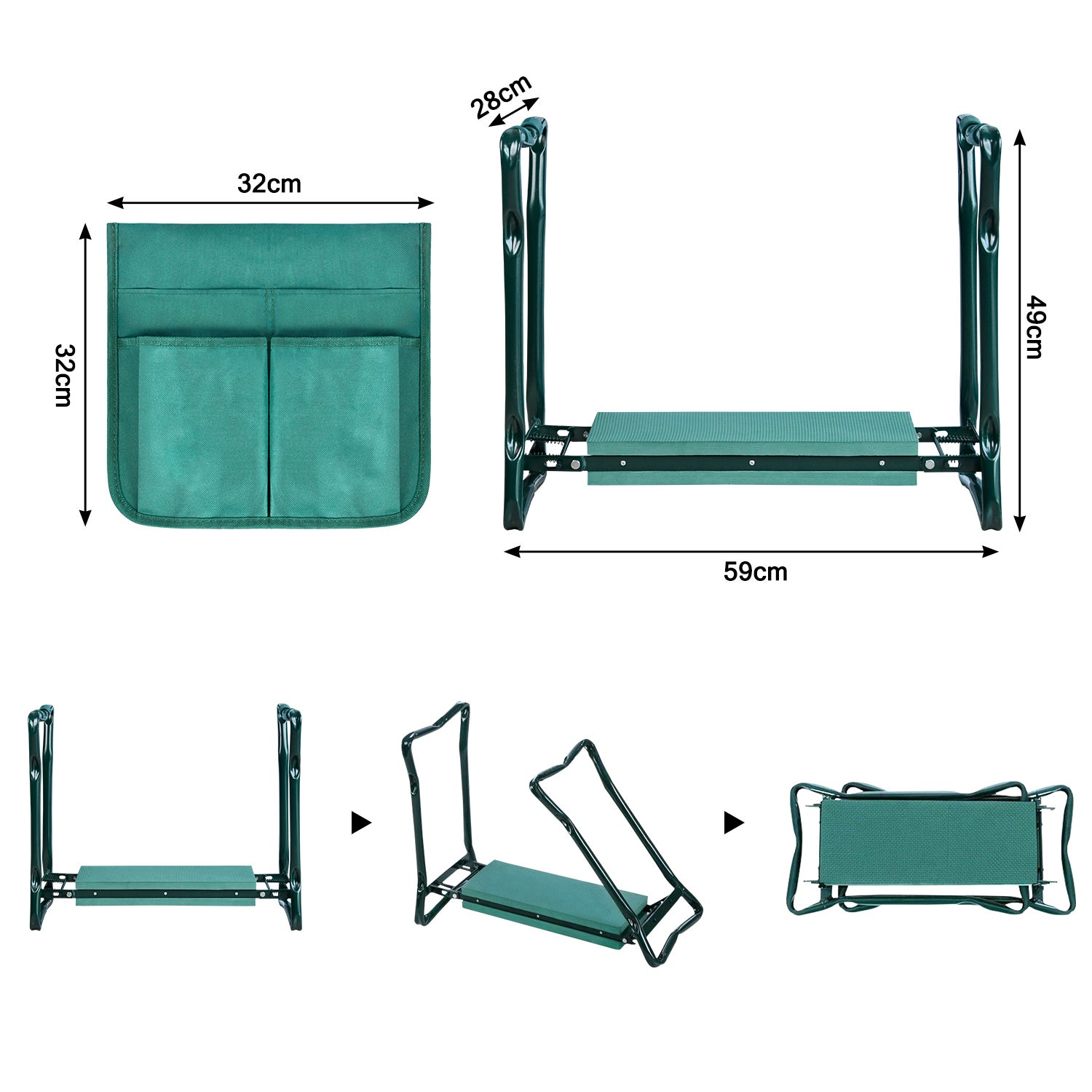 Tabouret De Jardinage Pliable Linxor - Vert | Repose-genoux Et Banc 2en1 - Poche Rangement