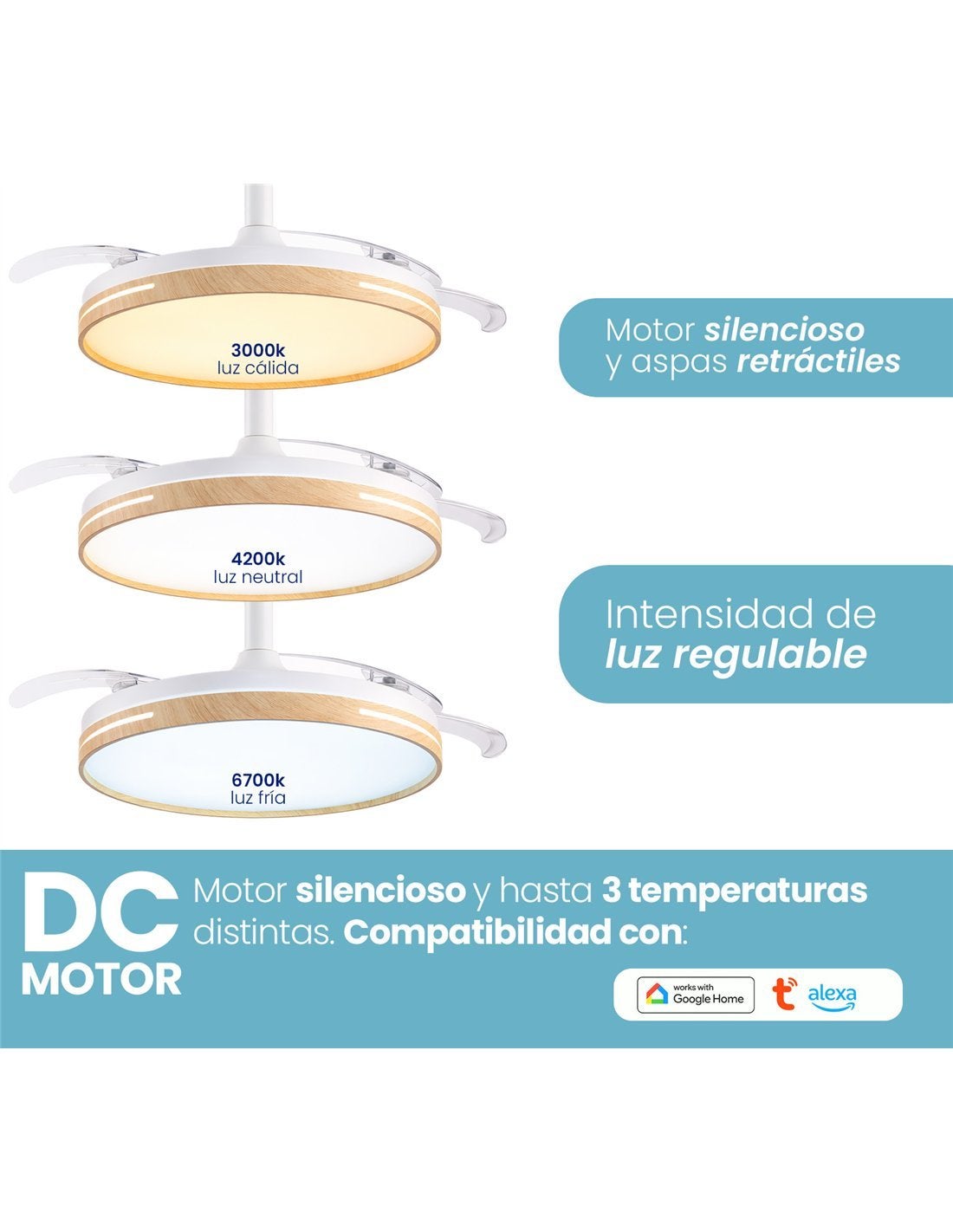 JARDIN202 - Ventilador de Techo con 4 Aspas Retráctiles, Motor DC, Wifi, Tuya App, Luz LED Regulable, 6 Velocidades | 50 cm (Vejer Wifi) - 4