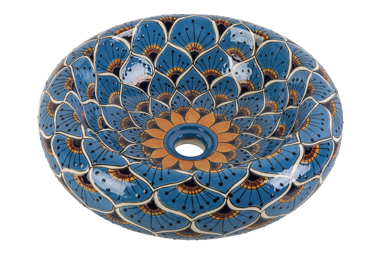 Meksykańska ceramiczna umywalka nablatowa z reliefem Azura Prima – okrągła umywalka łazienkowa 40 x 13,5 cm | Umywalka z motywami Talavera