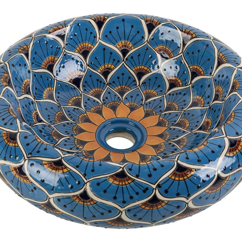 Meksykańska ceramiczna umywalka nablatowa z reliefem Azura Prima – okrągła umywalka łazienkowa 40 x 13,5 cm | Umywalka z motywami Talavera