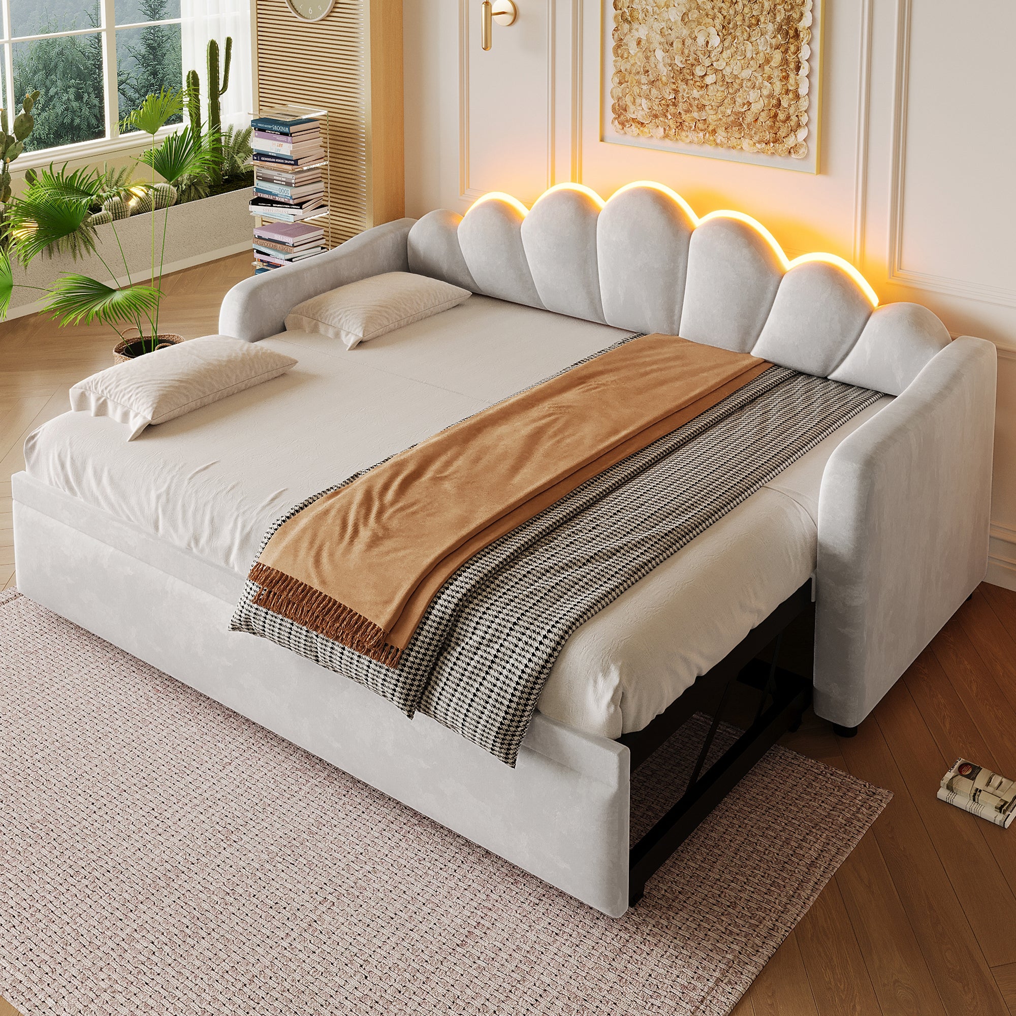 Łóżko wysuwane 90 x 200 cm z zagłówkiem i oświetleniem LED - MDF, sklejka i aksamit - 10 listew - Szare (Materac nie jest wliczony w cenę) - 2