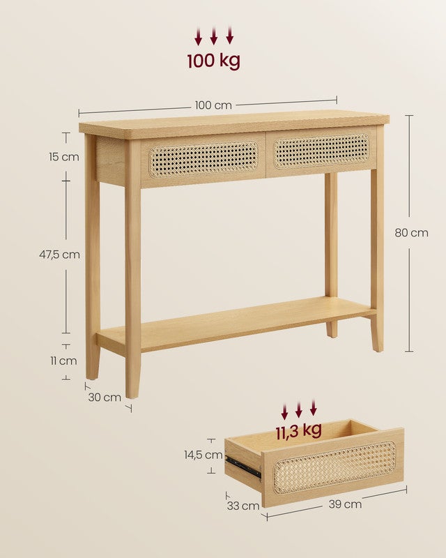 Table Console pour couloir, table de couloir avec 2 tiroirs, étagère ouverte, coins arrondis, style bohème, chêne beige - 5