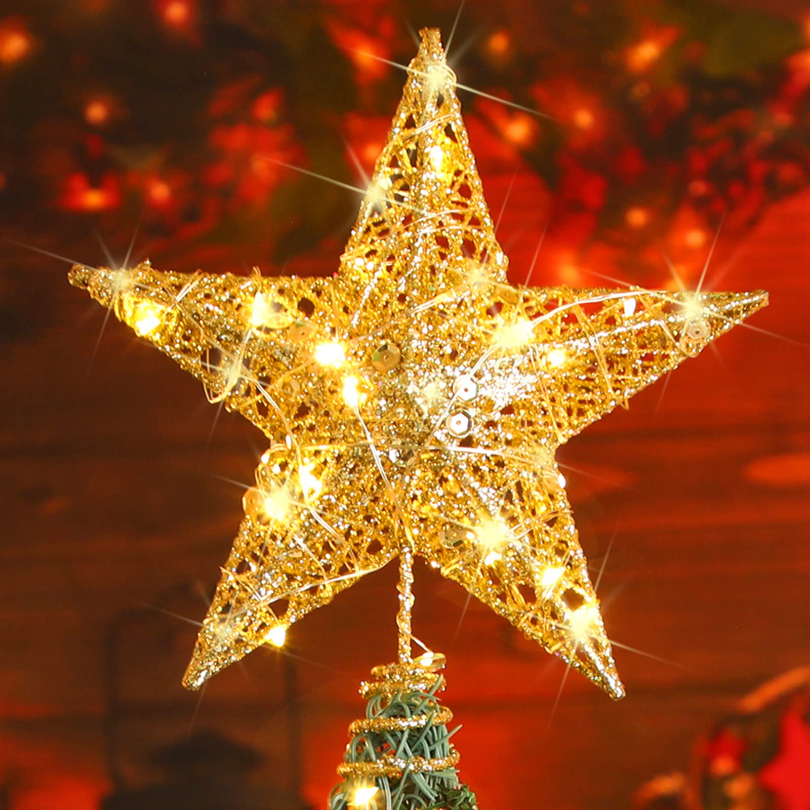 Topo de árvore de Natal, decoração de Natal, topo de árvore de estrela de Natal com luz LED, enfeites de árvore de Natal, dourado - 6