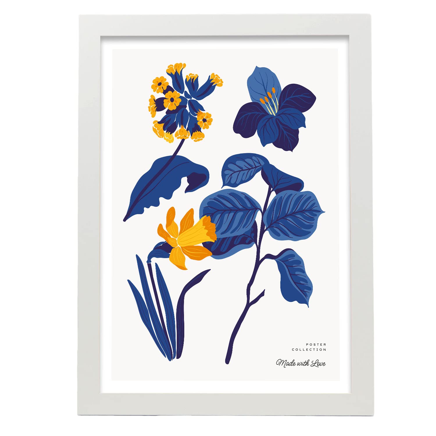 Póster pop art abstracto. flores amarillas hojas azules ilustraciones artísticas modernas para la decoración de interiores. con marco blanco - a3