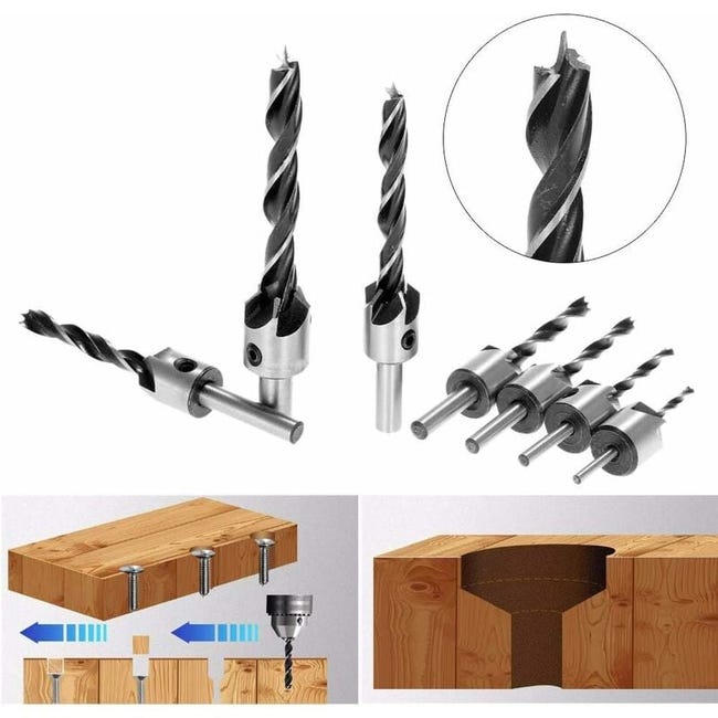 7pcs Foret HSS à Bois Fraise à Chanfreiner Mèche Alésoir avec Butée 3 7pcs Foret HSS à Bois Fraise à Chanfreiner Mèche Alésoir avec Butée 3