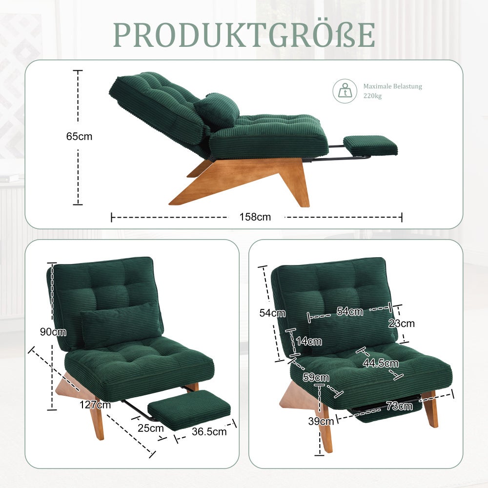 Fauteuil relax moderne en velours côtelé réglable avec repose-pieds, coussin lombaire et pieds en bois massif - 8