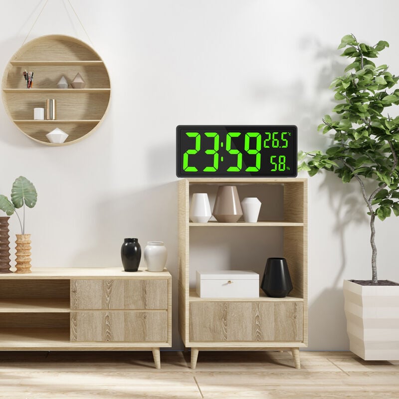 Horloge numérique grand écran, grande horloge murale numérique avec température et humidité, horloge murale numérique avec chiffres LED âgées vert - 2