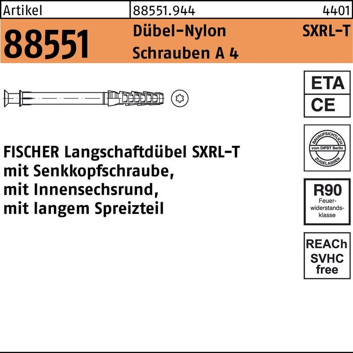 Fischer 50x Kołek długi SXRL 8 x 120 mm T Wkręt z łbem stożkowym stal nierdzewna A4 - 540124