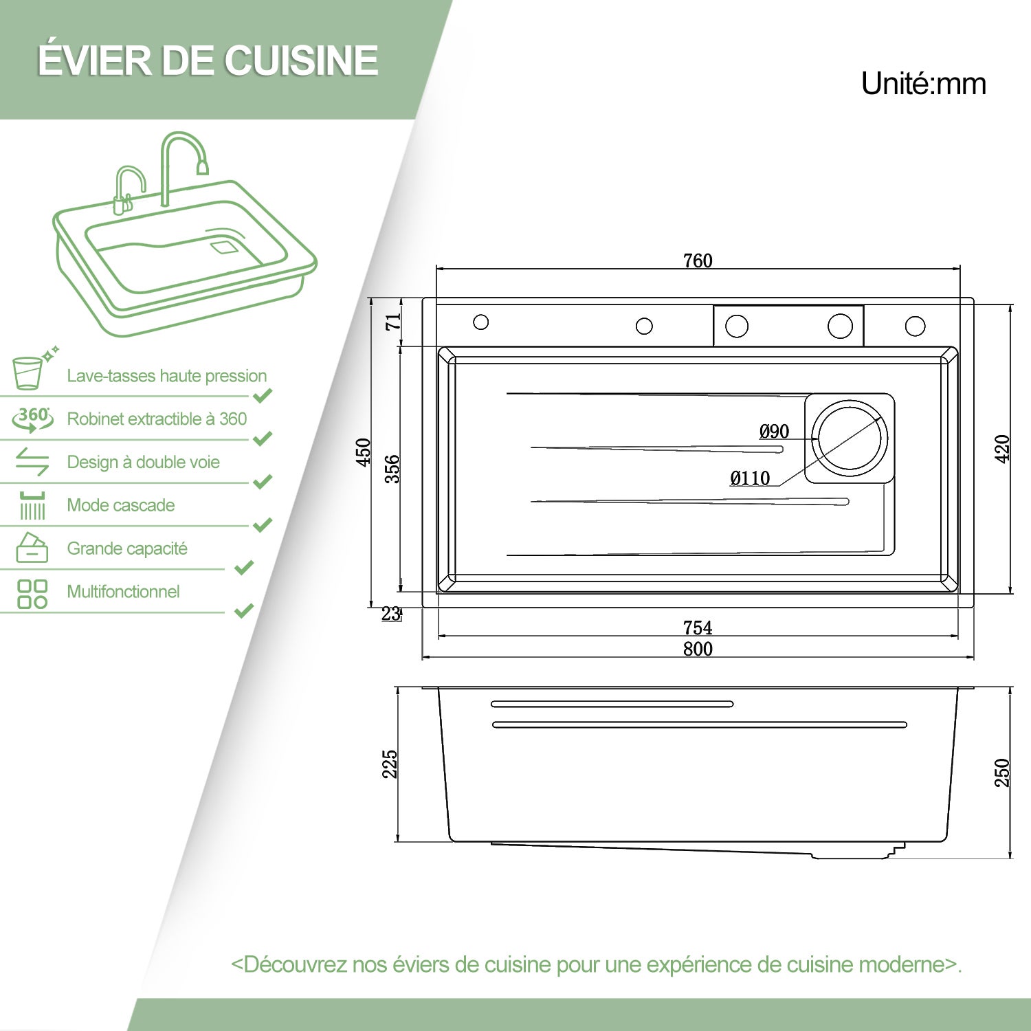 SIRHONA Évier Inox Encastré 1 Bac avec Escamotable + Cascade Robinet 80x45cm - 4