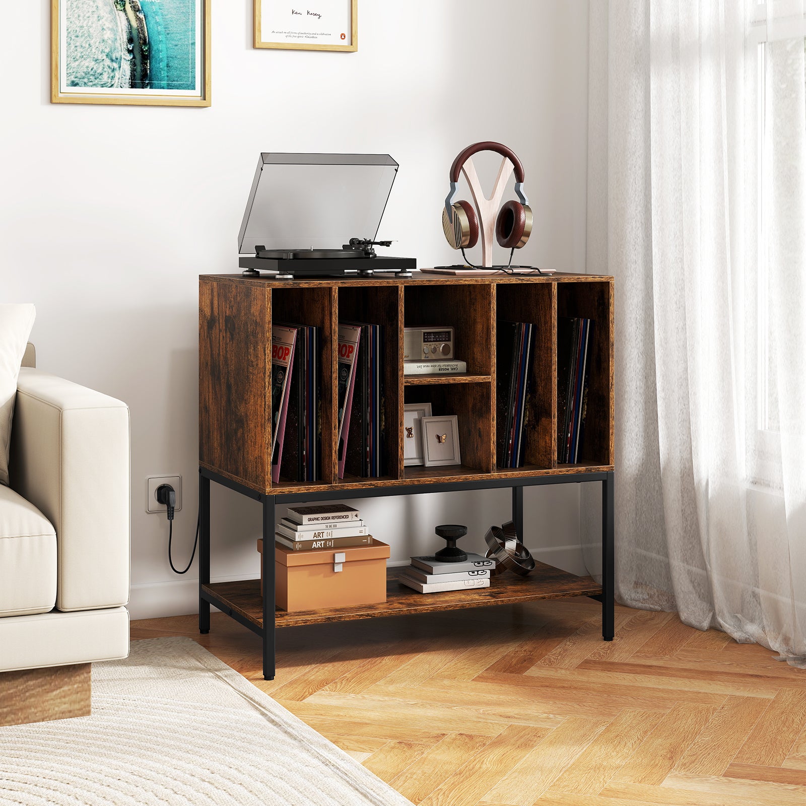Stolik pomocniczy z miejscem do przechowywania płyt winylowych, podstawka pod gramofon z stacją ładującą, 80 x 45 x 79,5 cm, brązowy - 8