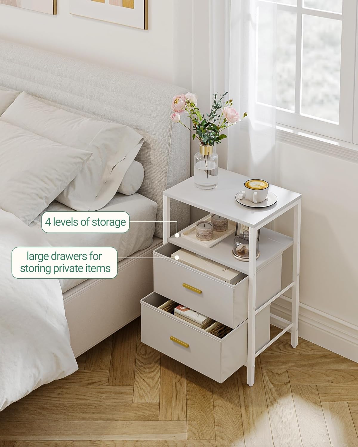 Mesita de Noche Juego de 2, Mesita Auxiliar con 2 cajones, Compartimento Abierto, Mesita de café, Mesita de Noche Dormitorio, para salón, Dormitorio - 4