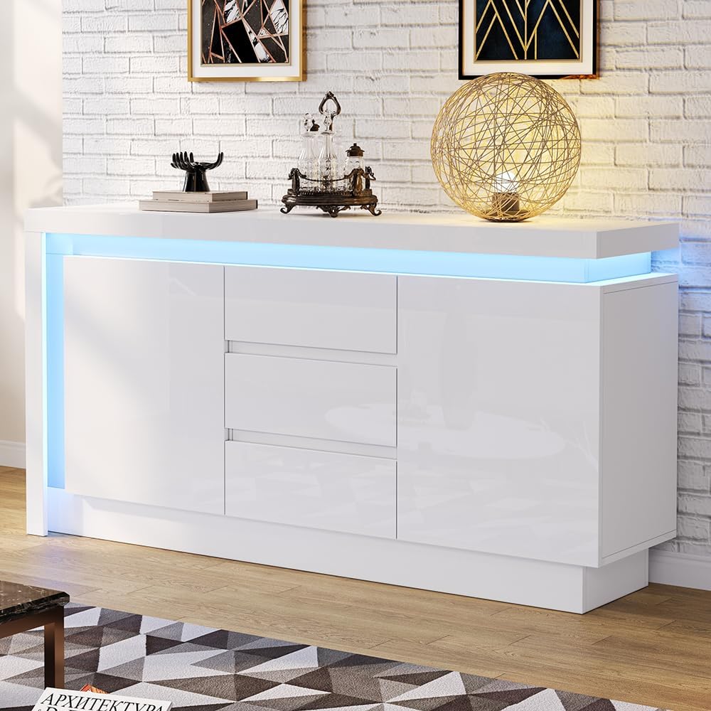 Buffet multifonctionnel avec 2 portes, 3 tiroirs, 2 compartiments ouverts et éclairage LED, 140x40x70 cm, blanc et effet bois | Leroy Merlin