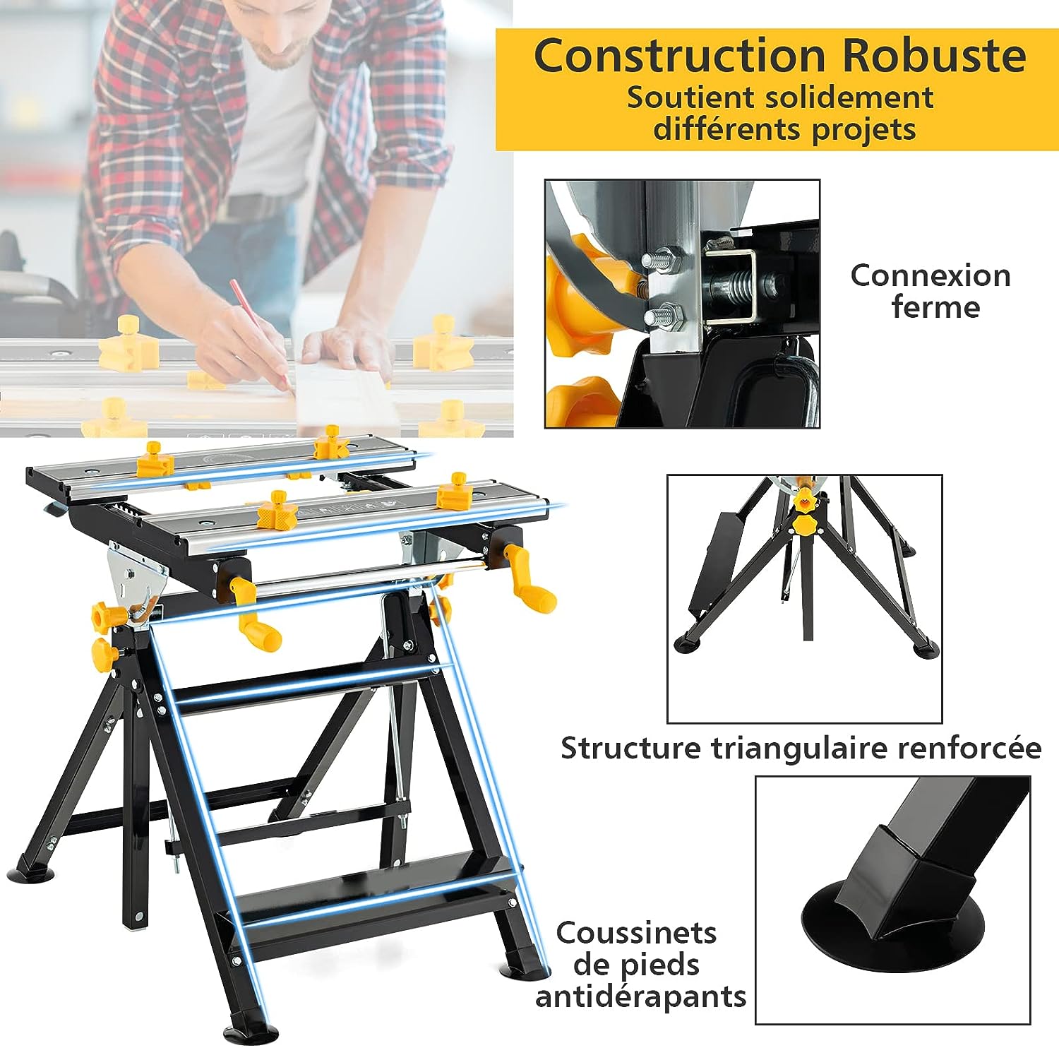 Établi Pliable avec Plate-Forme Inclinable 7 Hauteurs réglables, Support de Scie Garage Cadre en Alu avec 2 Poignées de Serrage - 5