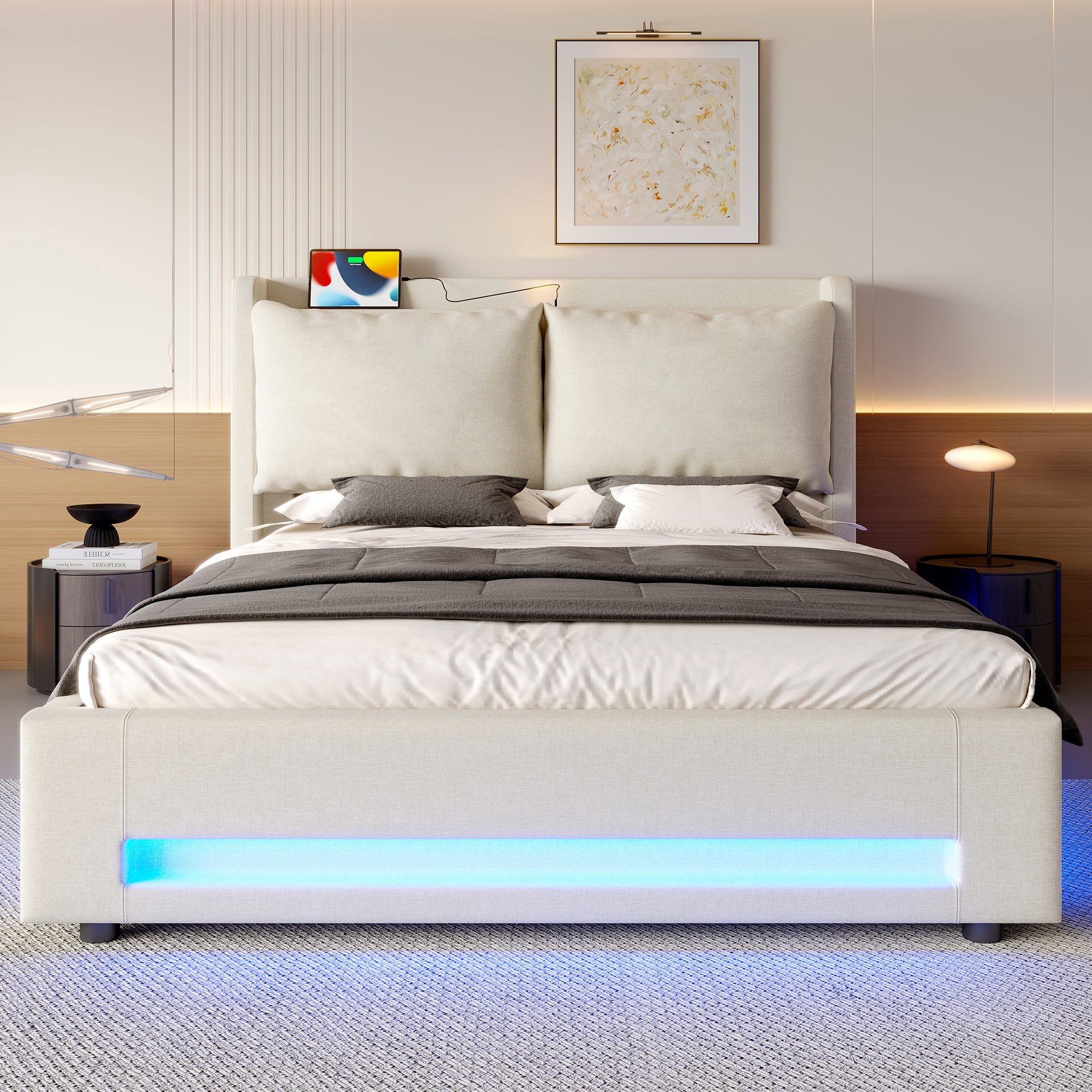 Letto con contenitore 140x190cm testiera USB C luce LED idraulico velluto beige (Sem materasso) - 4