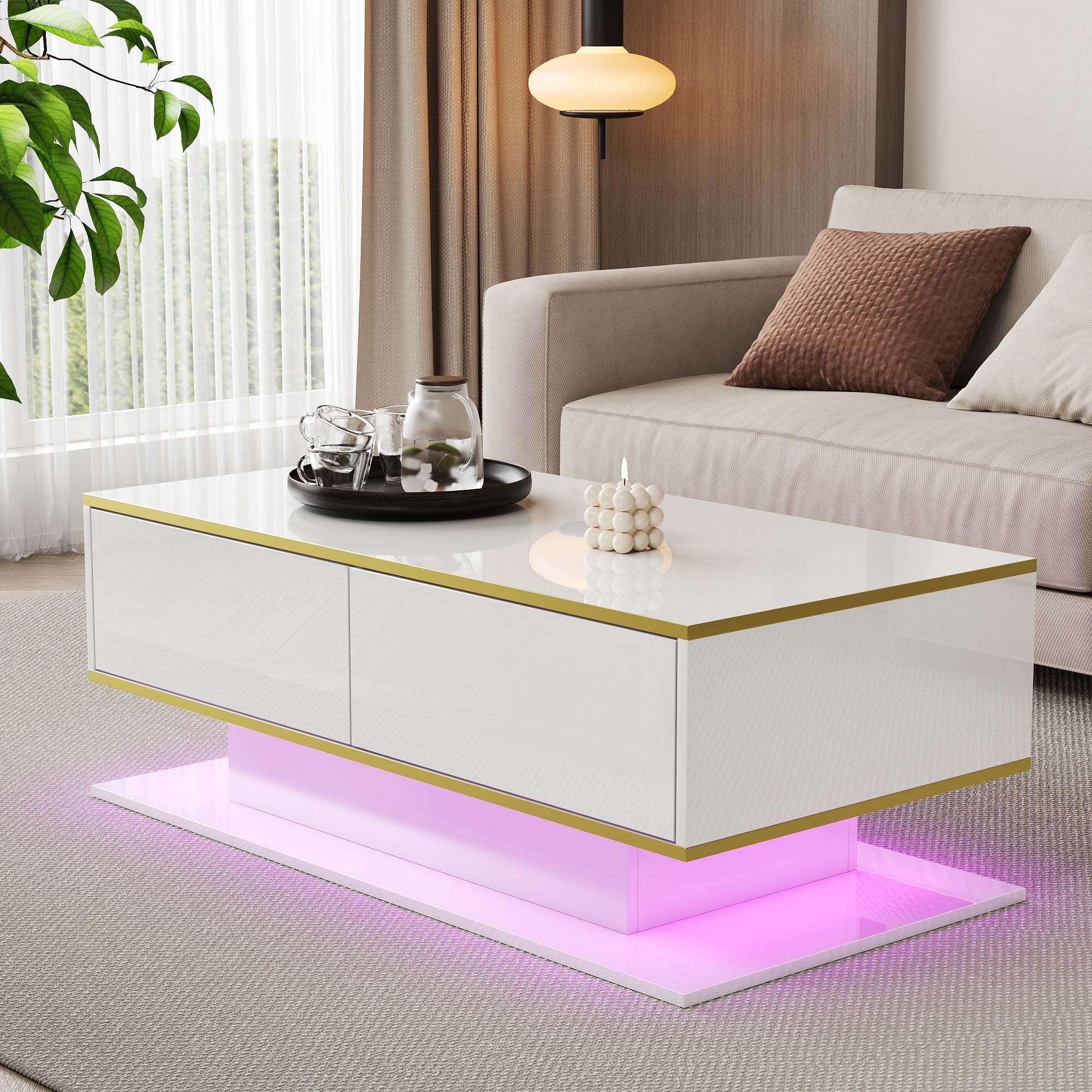 Nowoczesny stolik kawowy z połyskiem 100 x 50 x 40 cm - Oświetlenie LED - 3 szuflady i otwarte półki - Złote wykończenia - Biało-złoty - 6