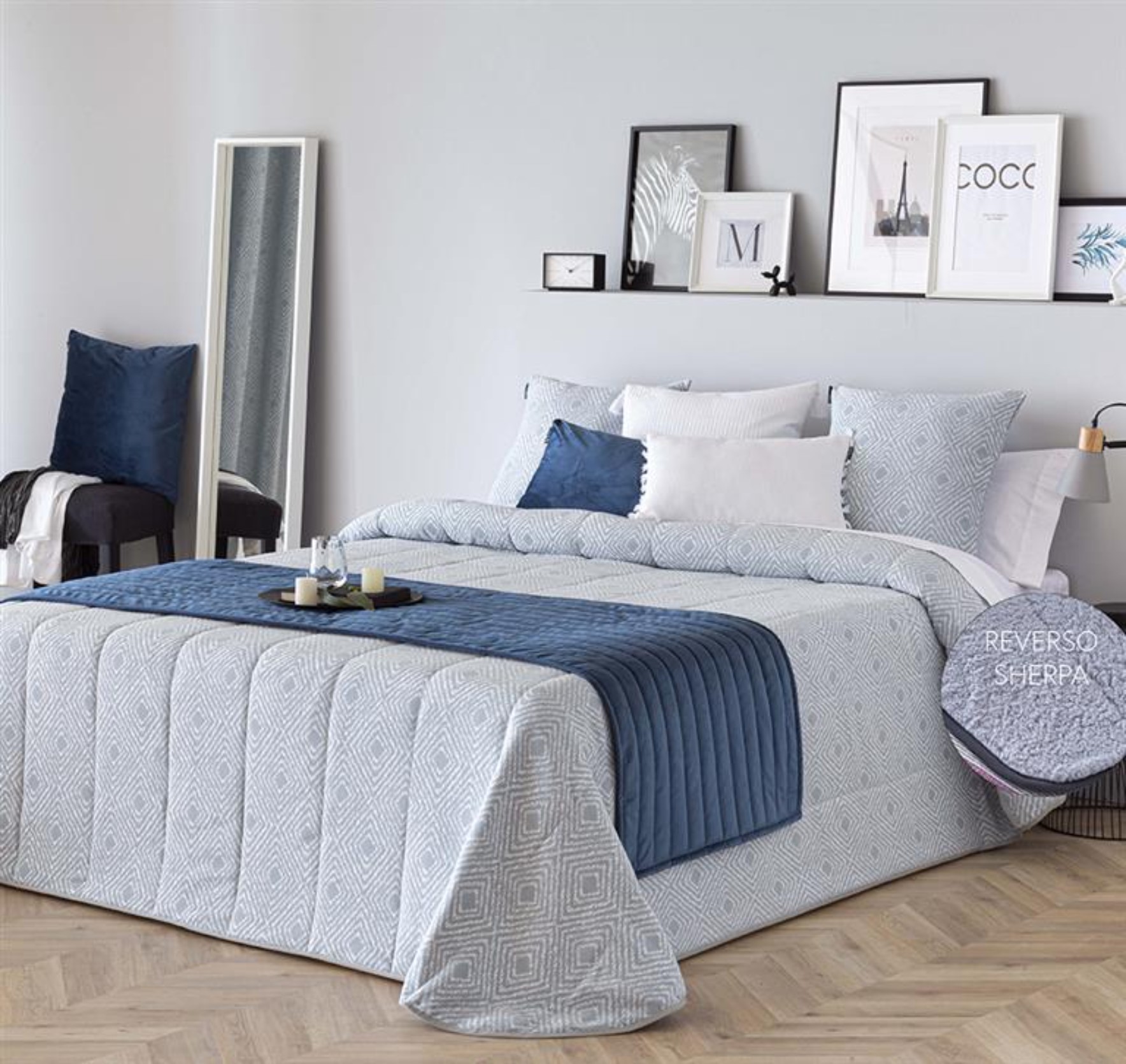 Edredon jacquard cerler aqua con reverso sherpa para cama de 135 cm