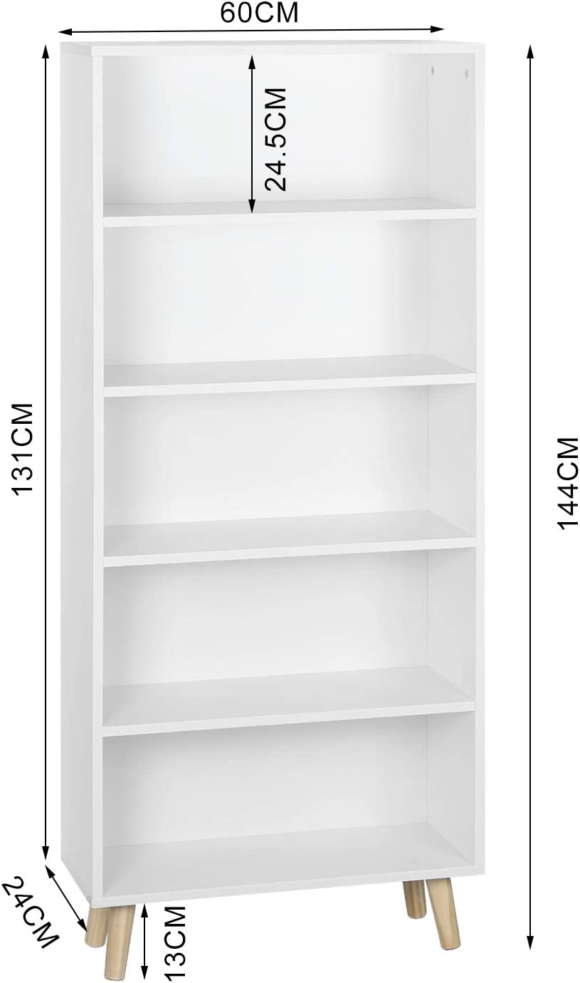 WOLTU Bibliothèque Meuble de Rangement. Étagère de Rangement avec Pieds en Bois et 5 Compartiments. Blanc 60x24x144cm - 3