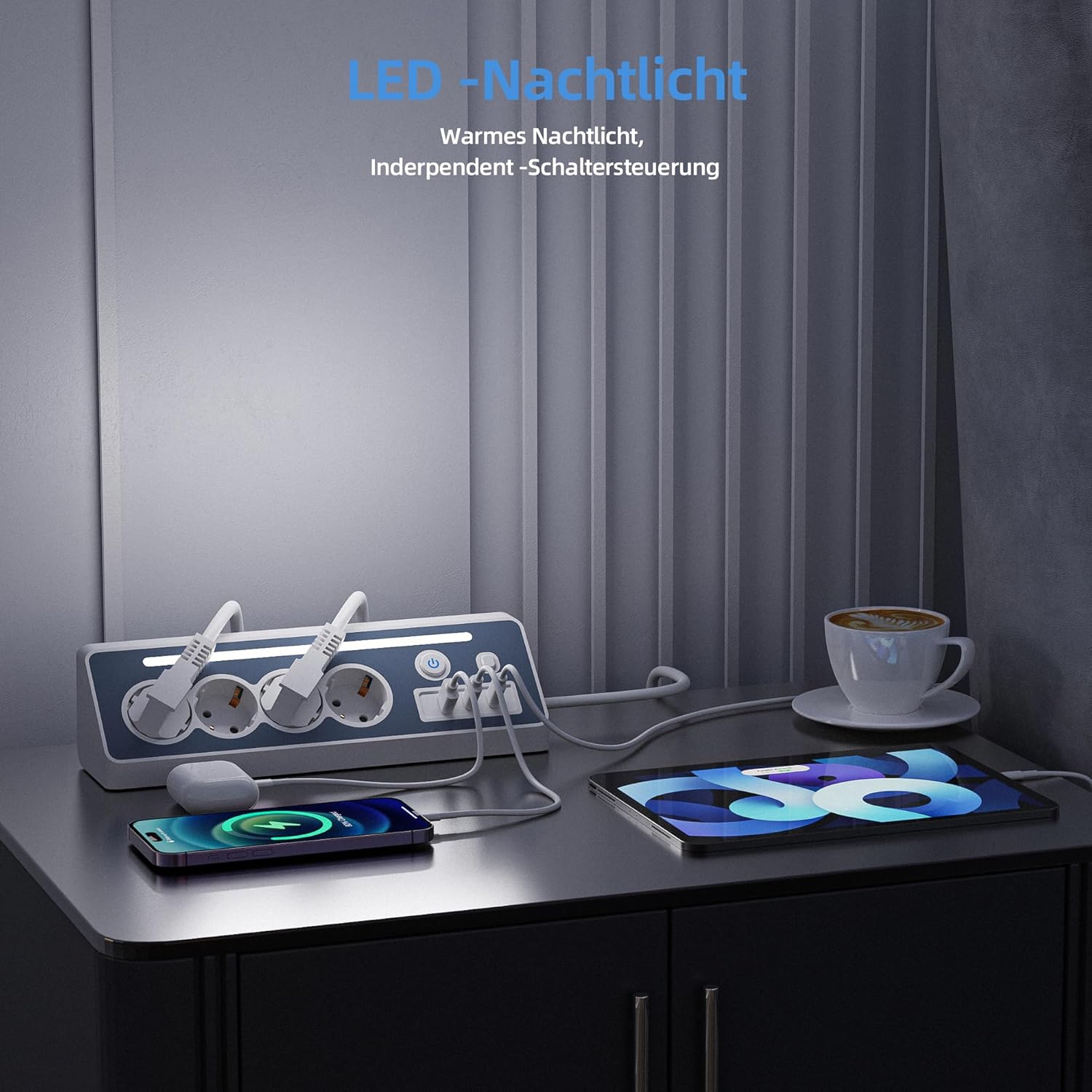 Multiprise de Bureau, 4 Prises avec USB et 2 Types C, 16 A, 3680 W, 2 Interrupteurs, Protection Surtension LED, Multiprise Cuisine Bureau - 5