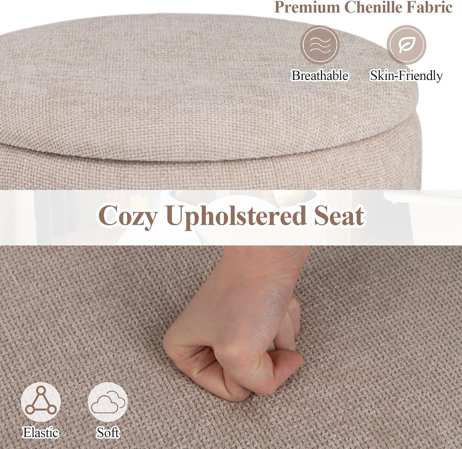 Pouf de rangement tapissé, tabouret de coiffeuse avec couvercle, base en bois de pin, charge de 150 kg, ottoman pour chambre, salon, φ43 x 46 cm - 5