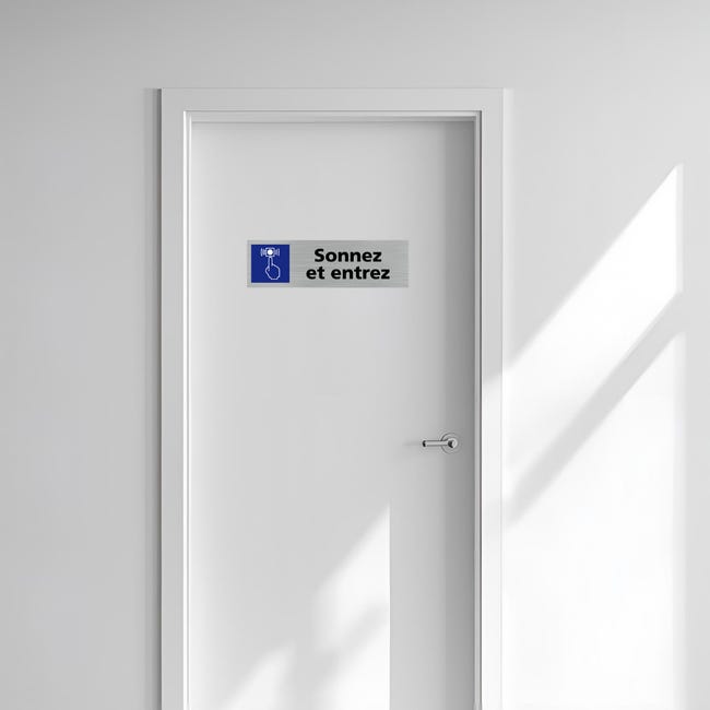 Signalisation plaque de porte aluminium brossé - Sonnez avant d'entrer Signalisation plaque de porte aluminium brossé - Sonnez avant d'entrer