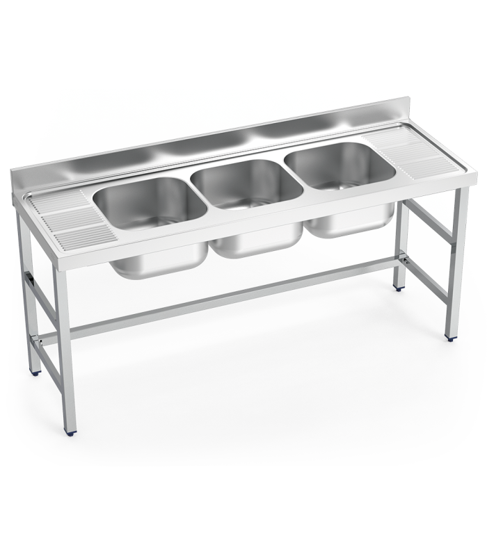 Fregadero inox con soporte sin entrepaño serie 700 3 cubetas 2 escurridores