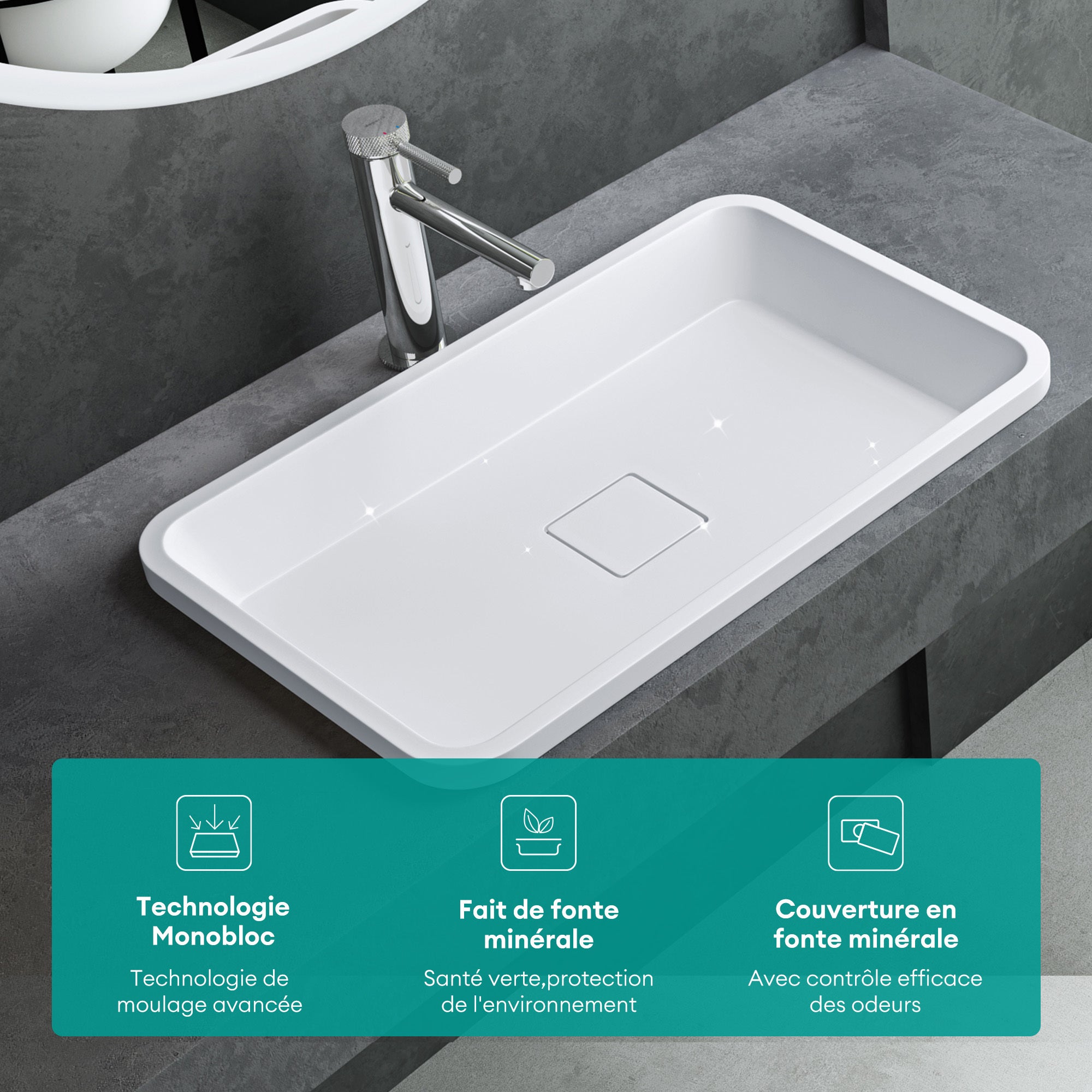 Vasque à Encastrer, Lavabo Rectangulaire, Lave Mains Blanc Mat en Résine, 53x33x10,5cm, sans Trop-Plein, Cache-Bonde Inclus, Col104 Mai & Mai - 2