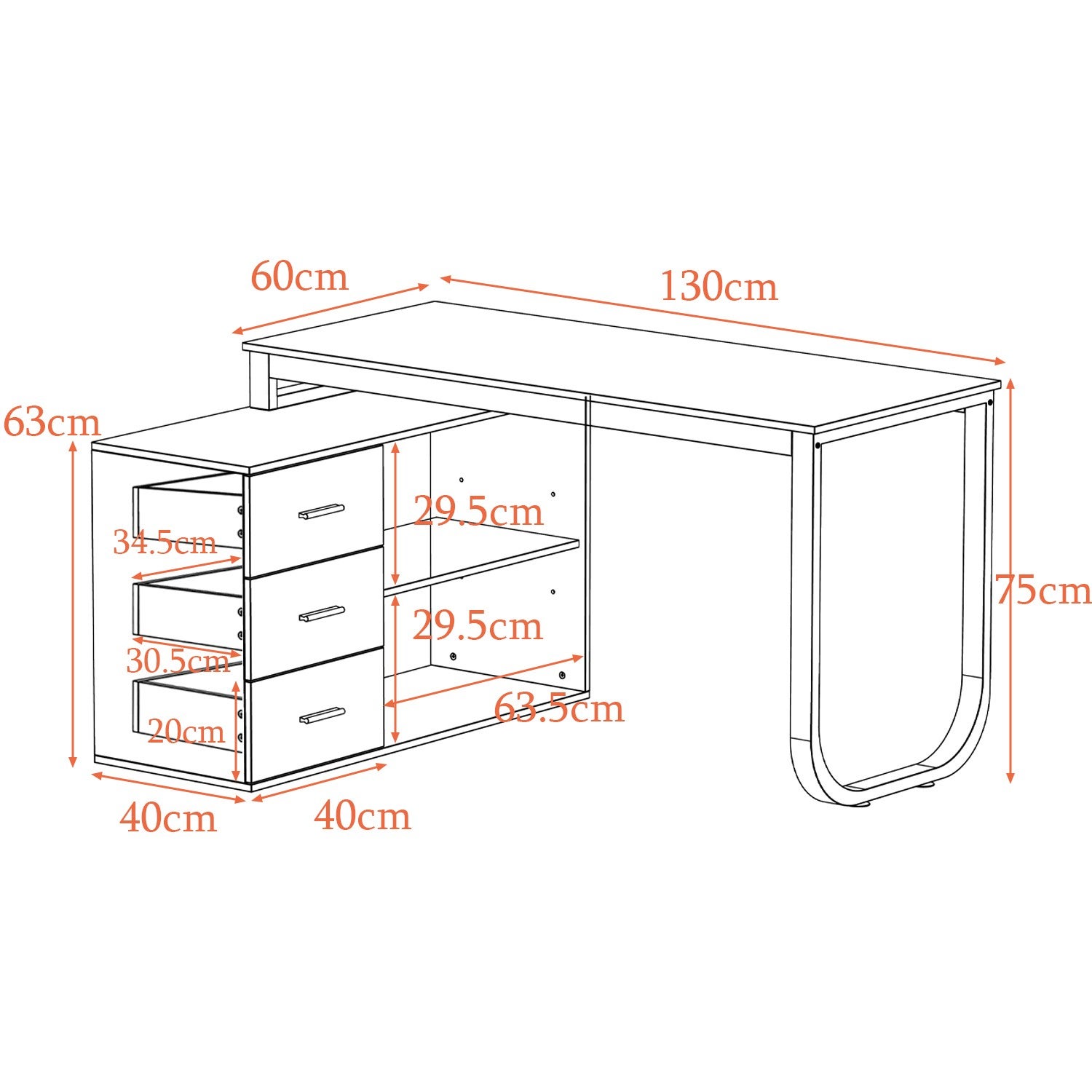 Bureau d'angle en forme de L Bureau informatique 2 étagères pieds en acier Bois&Blanc 130x57x75cm - 6