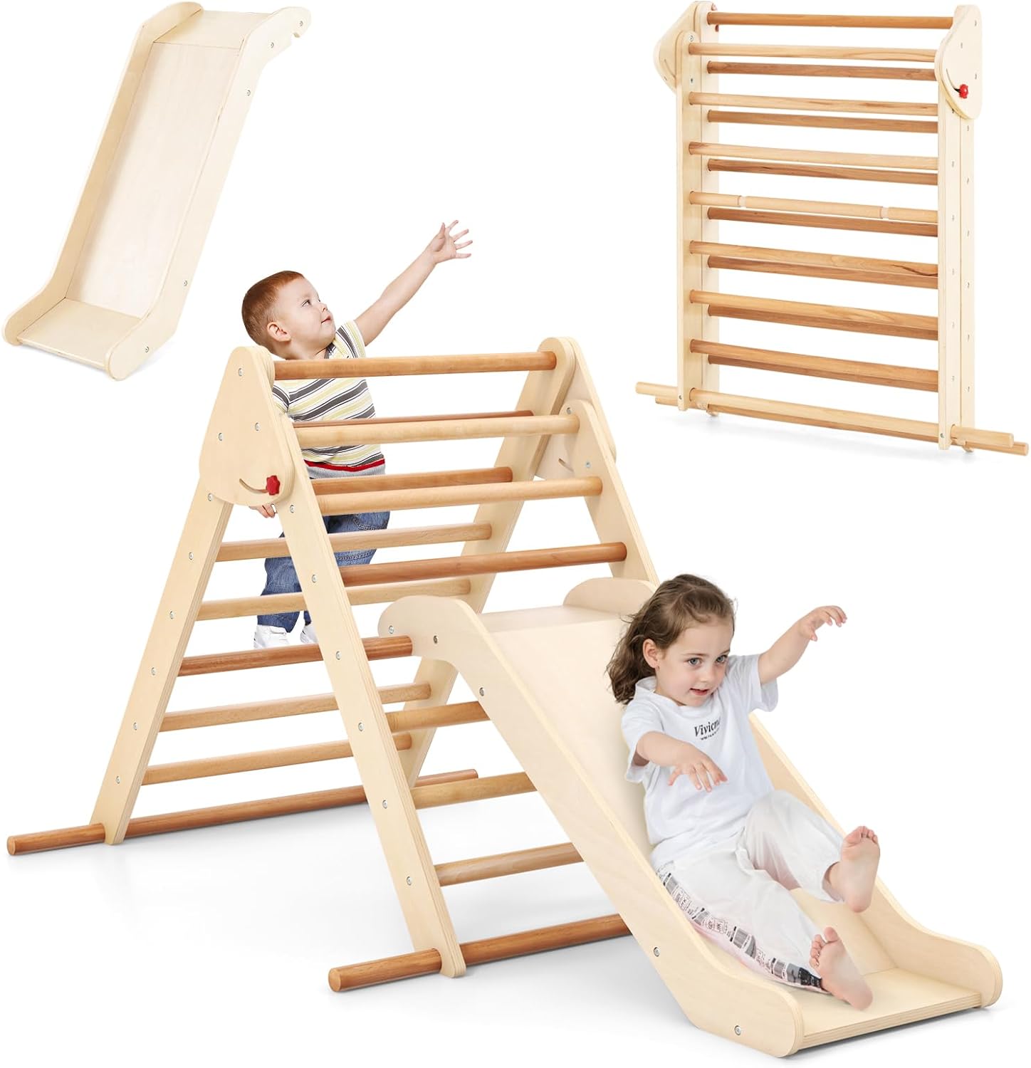 Trójkąt Wspinaczkowy Montessori dla Dzieci ze Zjeżdżalnią, Składany Drewniany Tor Wspinaczkowy z Rampą, Nośność 50 kg (Naturalny, Składany)