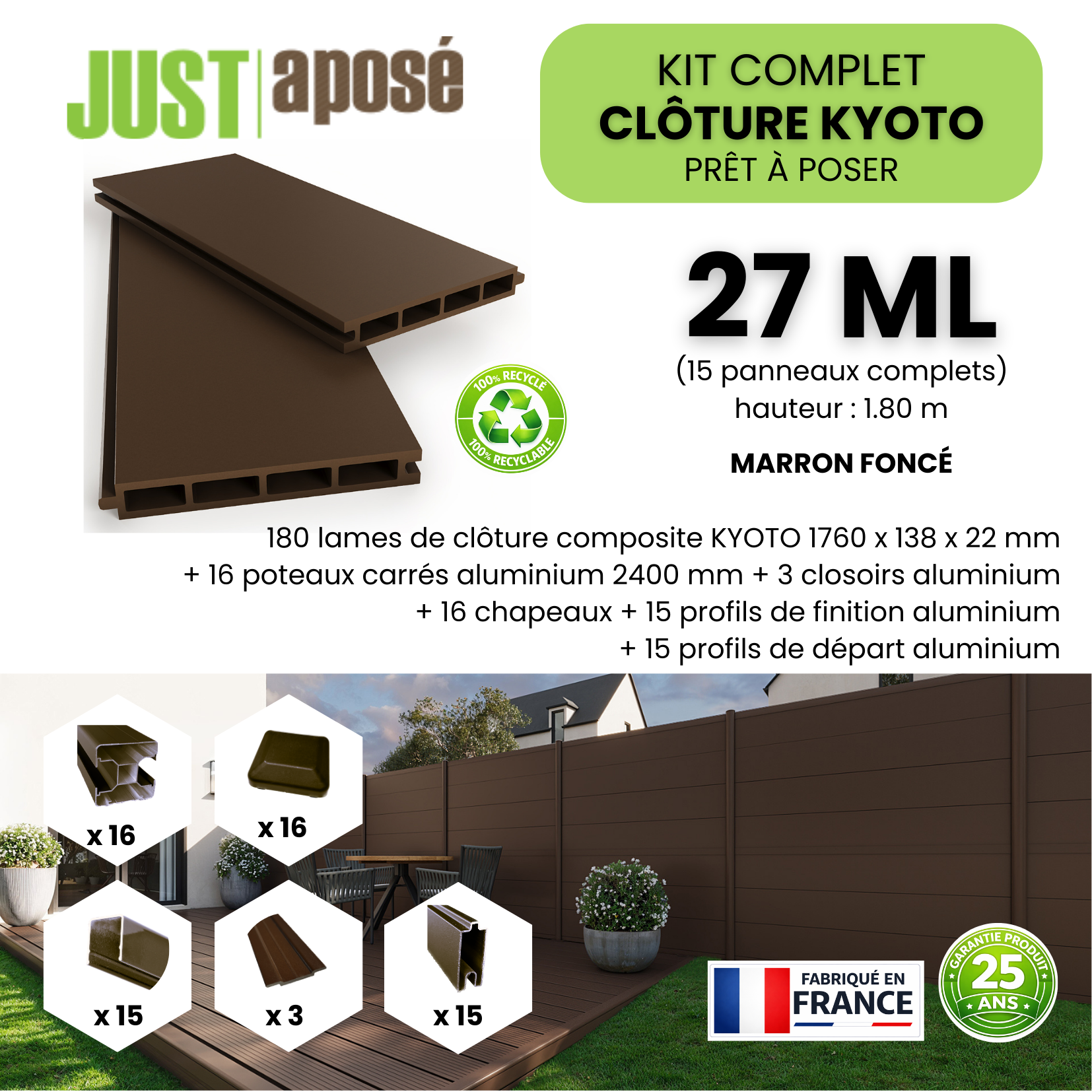 Kit complet clôture composite KYOTO - 15 panneaux complets - 27 x 1,80 m - Prêt à poser - Marron foncé - 3