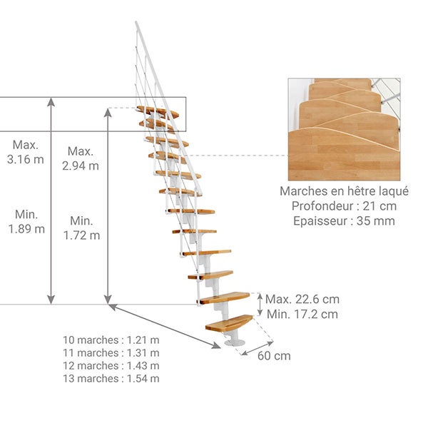 Escalier droit 12 marches - Hauteur à franchir 2.23 à 2.94m - Largeur 65cm - Structure blanche et marche hêtre - NIZZA60/I/BN-12 - 2