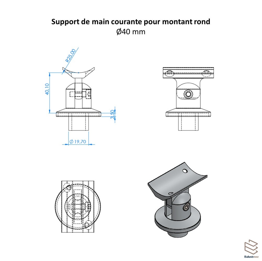 Support supérieur orientable pour main courante ronde Ø50 mm - 2