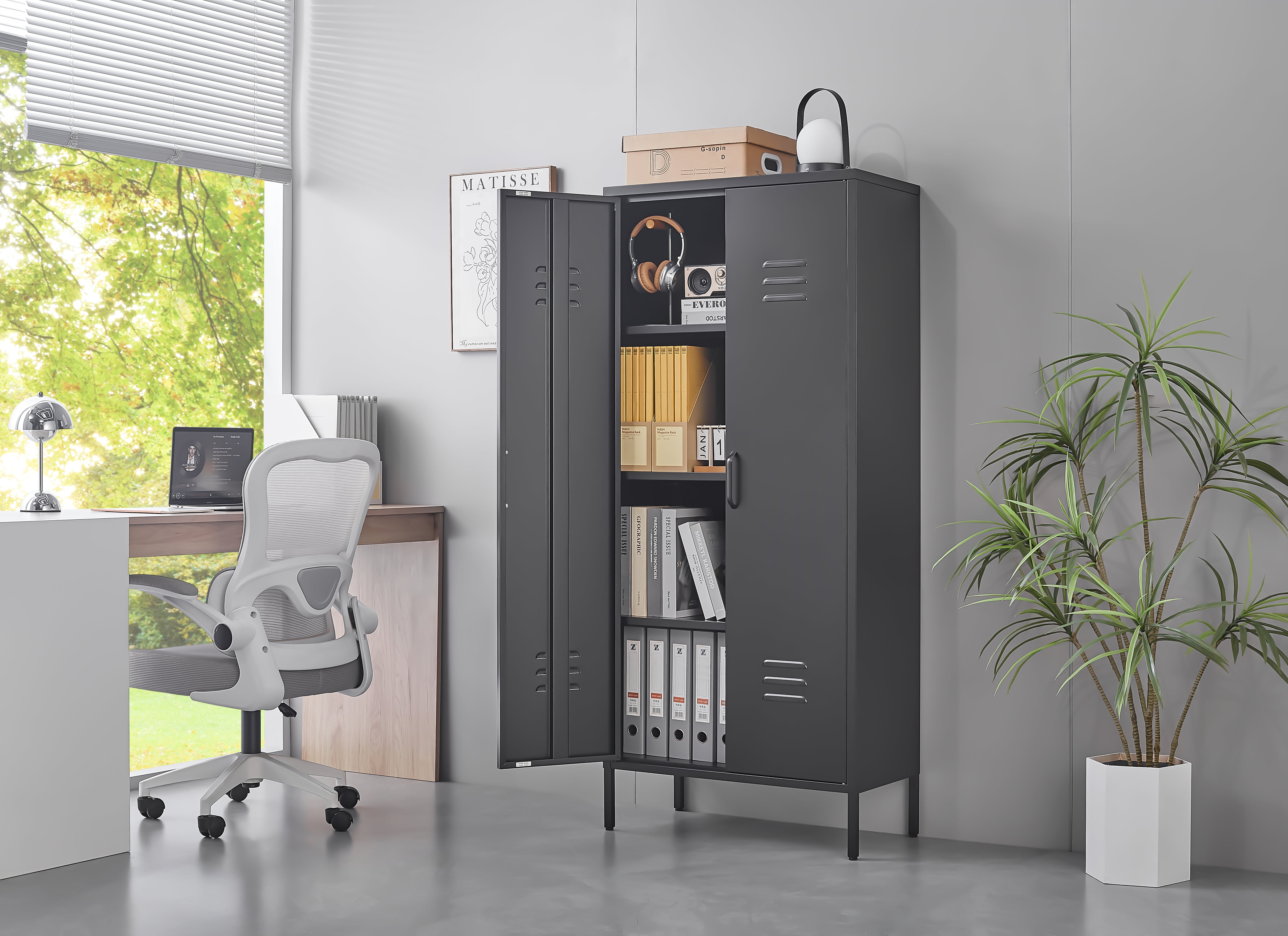 Armario alto de metal negro con 2 puertas y estantes ajustables, armario utilitario multifuncional para oficina en casa, cuarto de servicio y garaje. - 4
