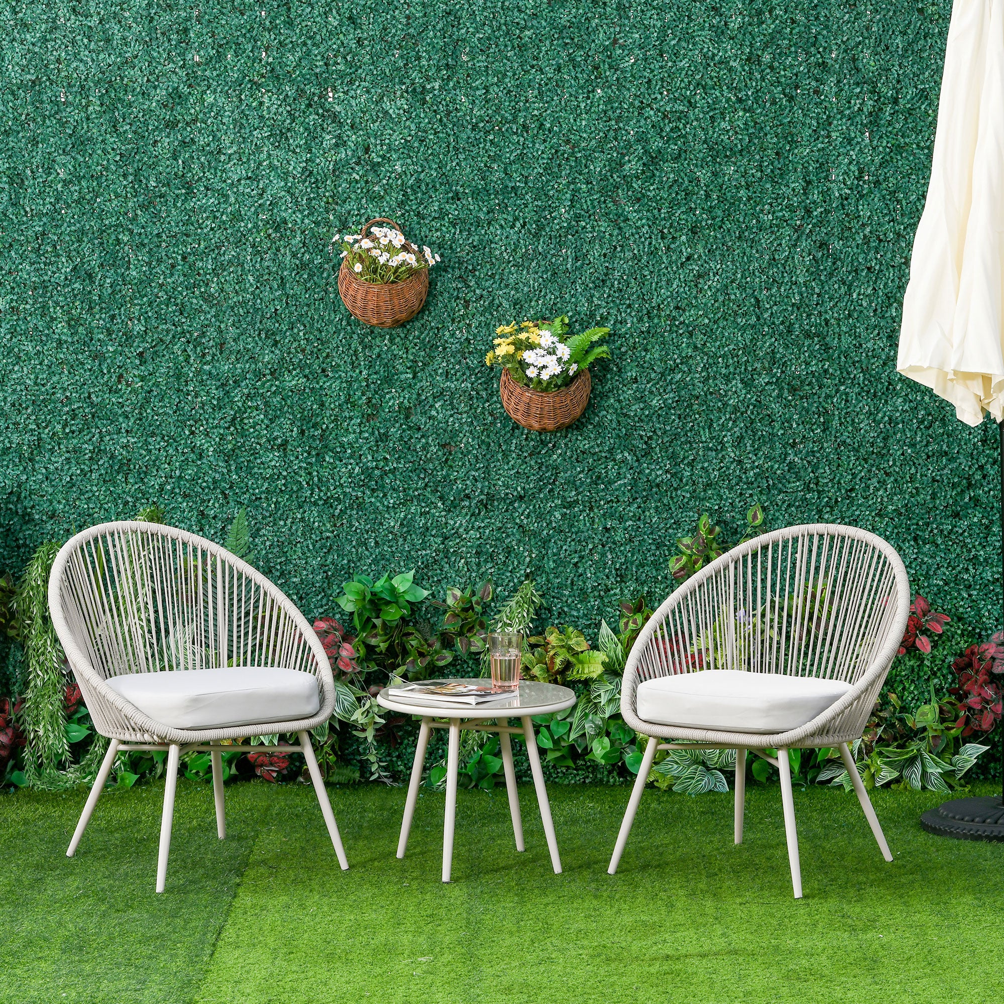 Set Balcone 3 Pezzi Outsunny - Tavolino E 2 Sedie In Rattan PE E Acciaio, Crema, Per Esterno Giardino Terrazzo - Foto 2