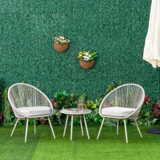 Set Balcone 3 Pezzi Outsunny - Tavolino E 2 Sedie In Rattan PE E Acciaio, Crema, Per Esterno Giardino Terrazzo - Foto 2