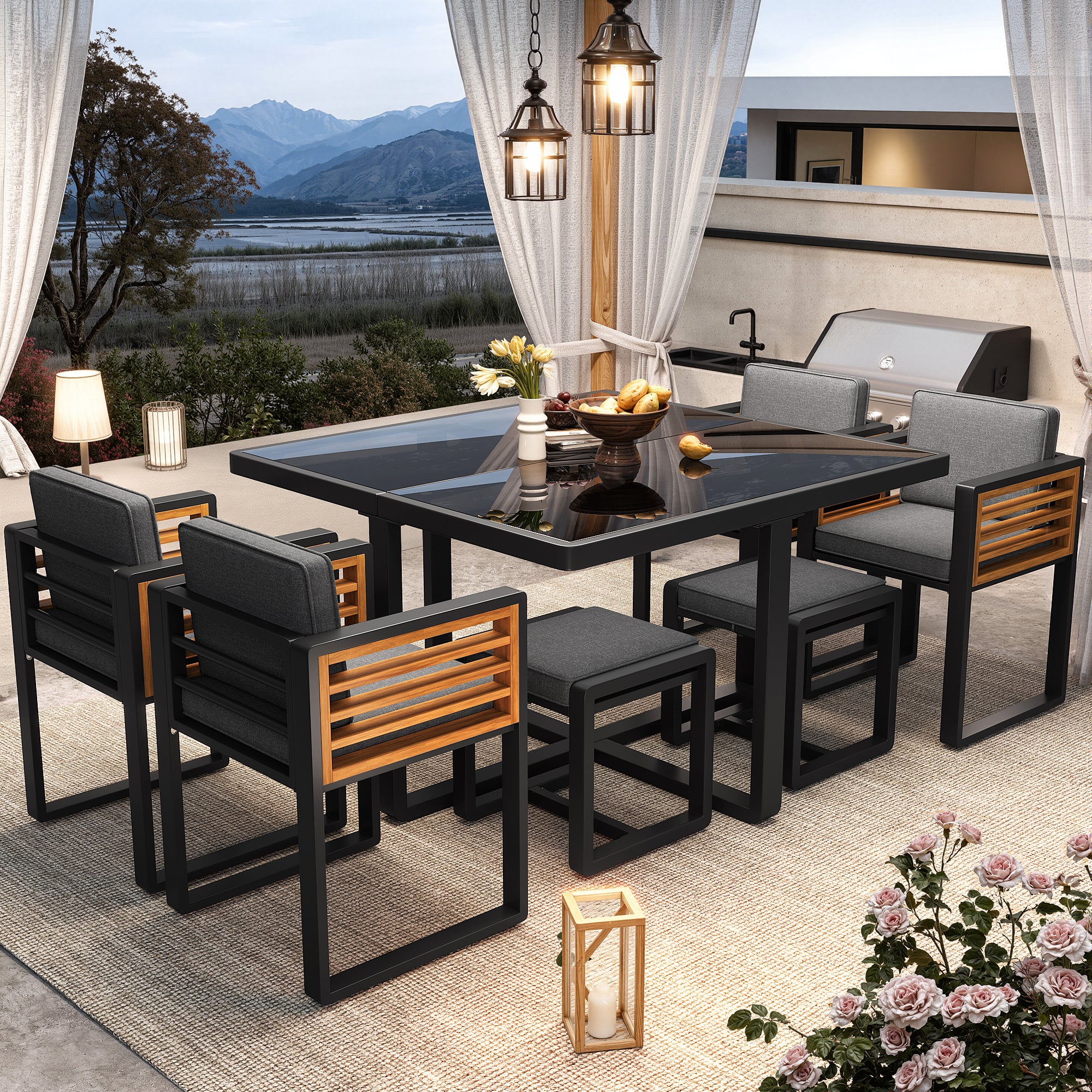 Ensemble de mobilier de jardin, salon de jardin avec 6 chaises et table, ensemble de mobilier de terrasse/balcon pour 6 personnes, ensemble de mobilie - 4