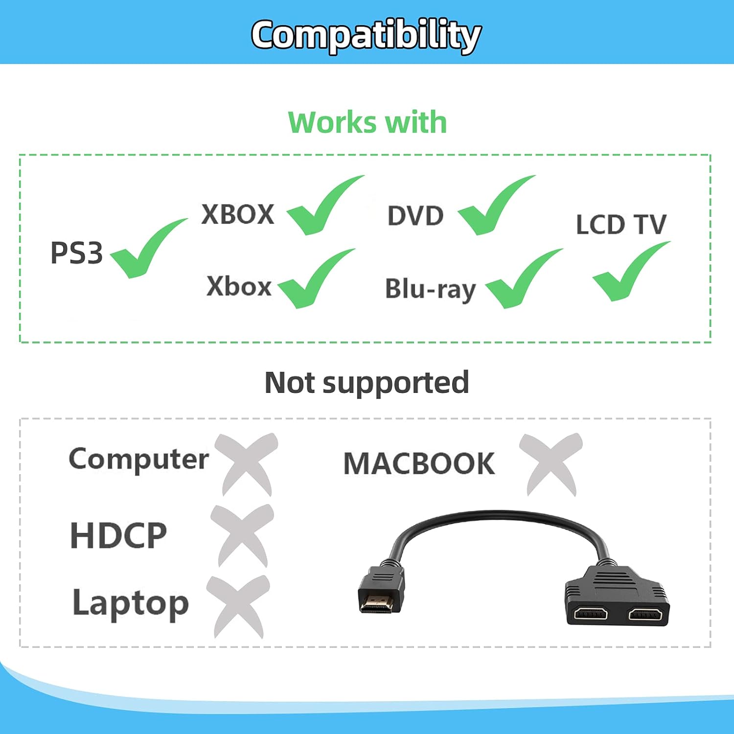 Prise HDMI 1 mâle vers Double HDMI 2 Femelle,Répartiteur HDMI câble Adaptateur convertisseur pour lecteurs de DVD/HDTV/Moniteur LCD - 5