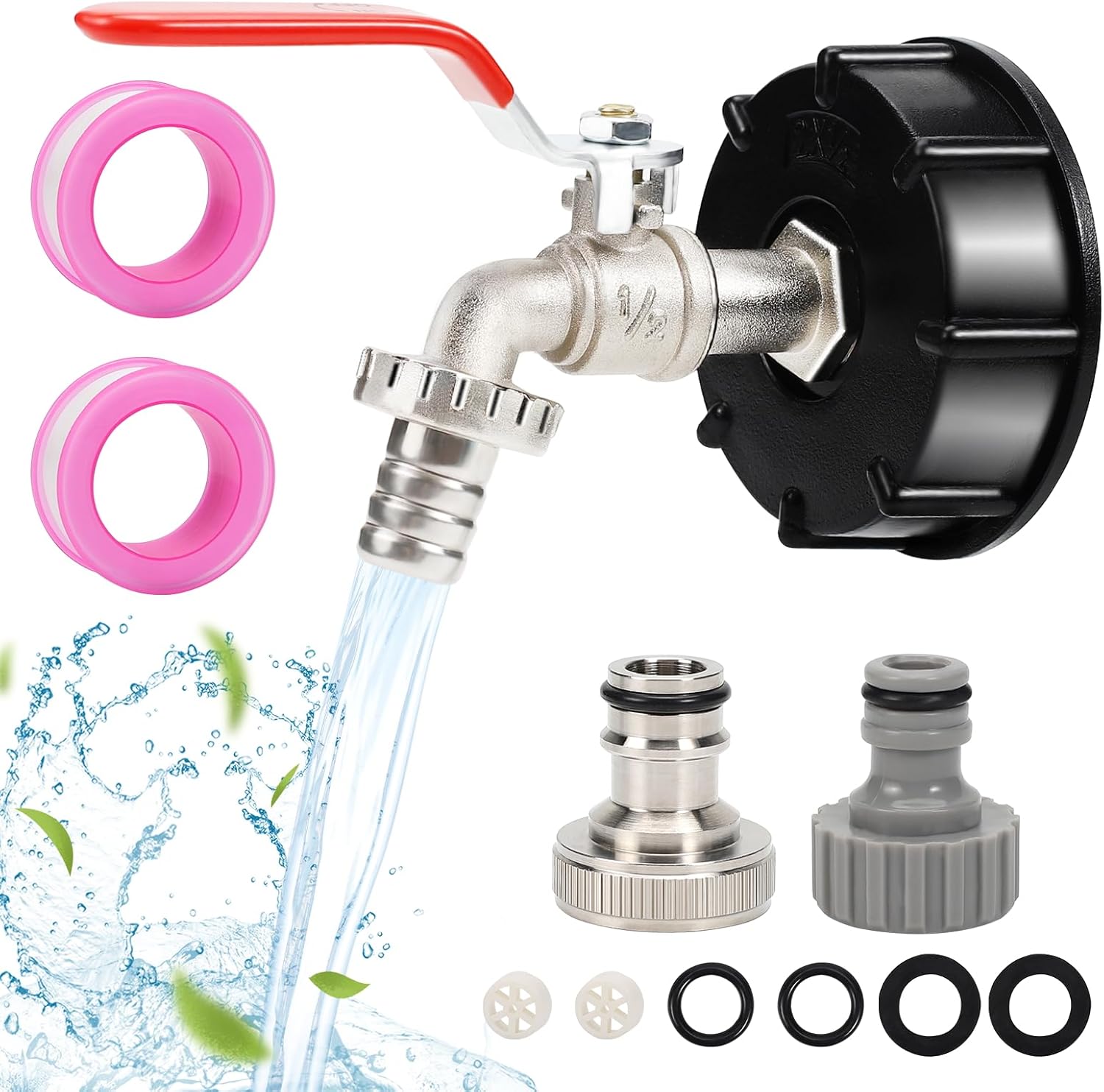 Zbiornik kranowy 1000 l, adapter do zbiornika ze stopu aluminium 1/2", przyłącze do kranu IBC, adapter do węża ogrodowego S60x6, zbieracz wody de