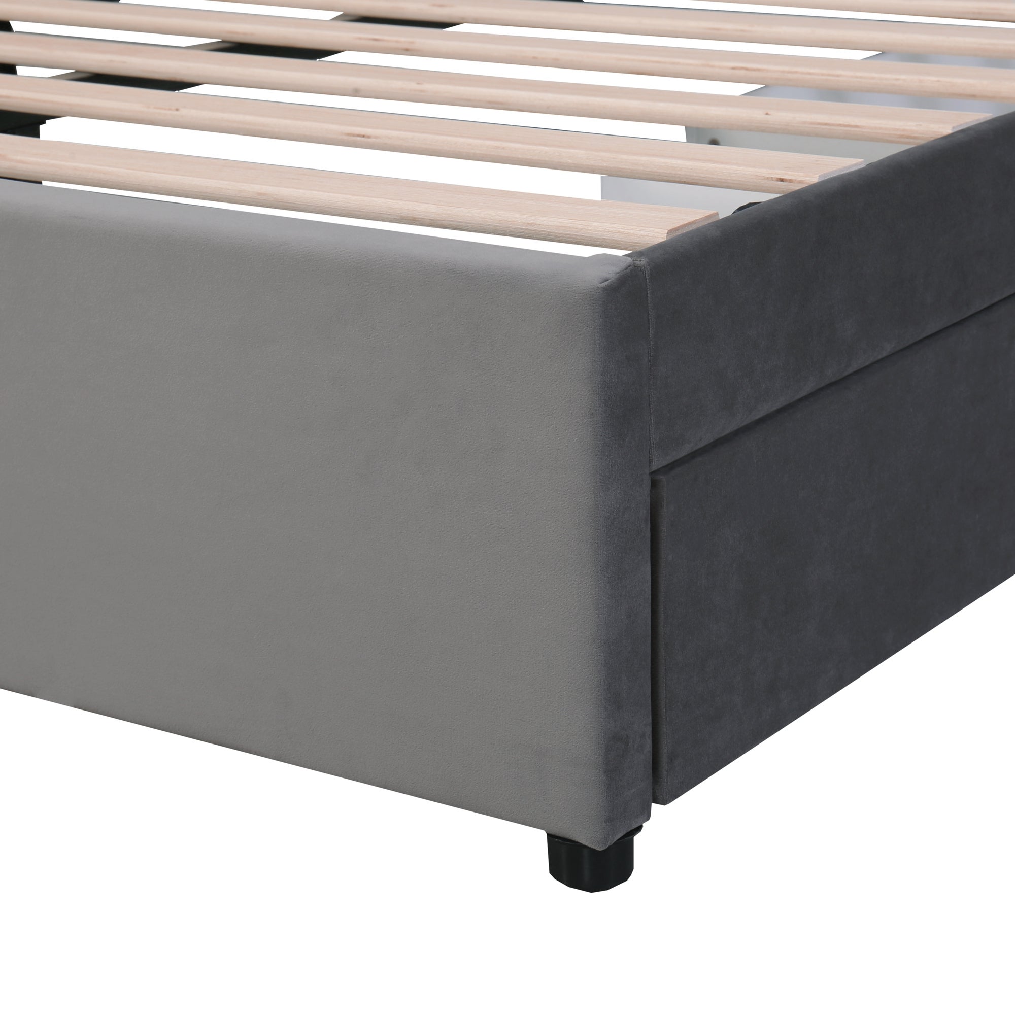 Cama acolchoada em veludo com estrado de ripas e 2 gavetas, 140x200 cm, cinza - COMFORTXL - 9