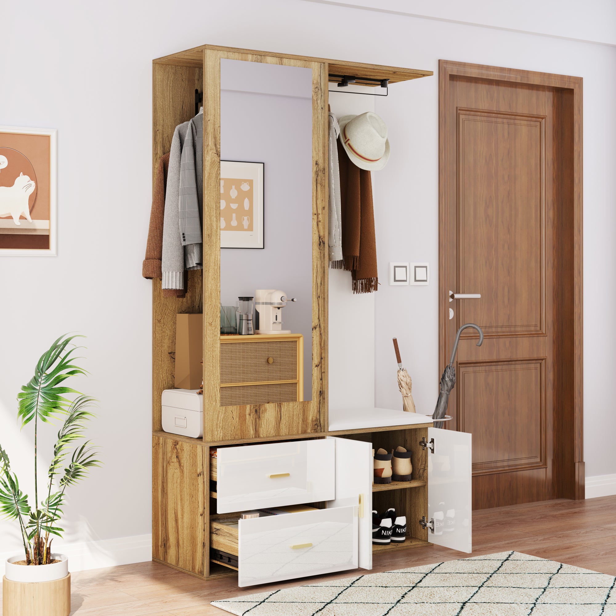 Vestiaire D'entrée Avec Miroir, 2 Panneaux Muraux, Armoire à Chaussures, 8 Crochets, Gris - Vestiaire