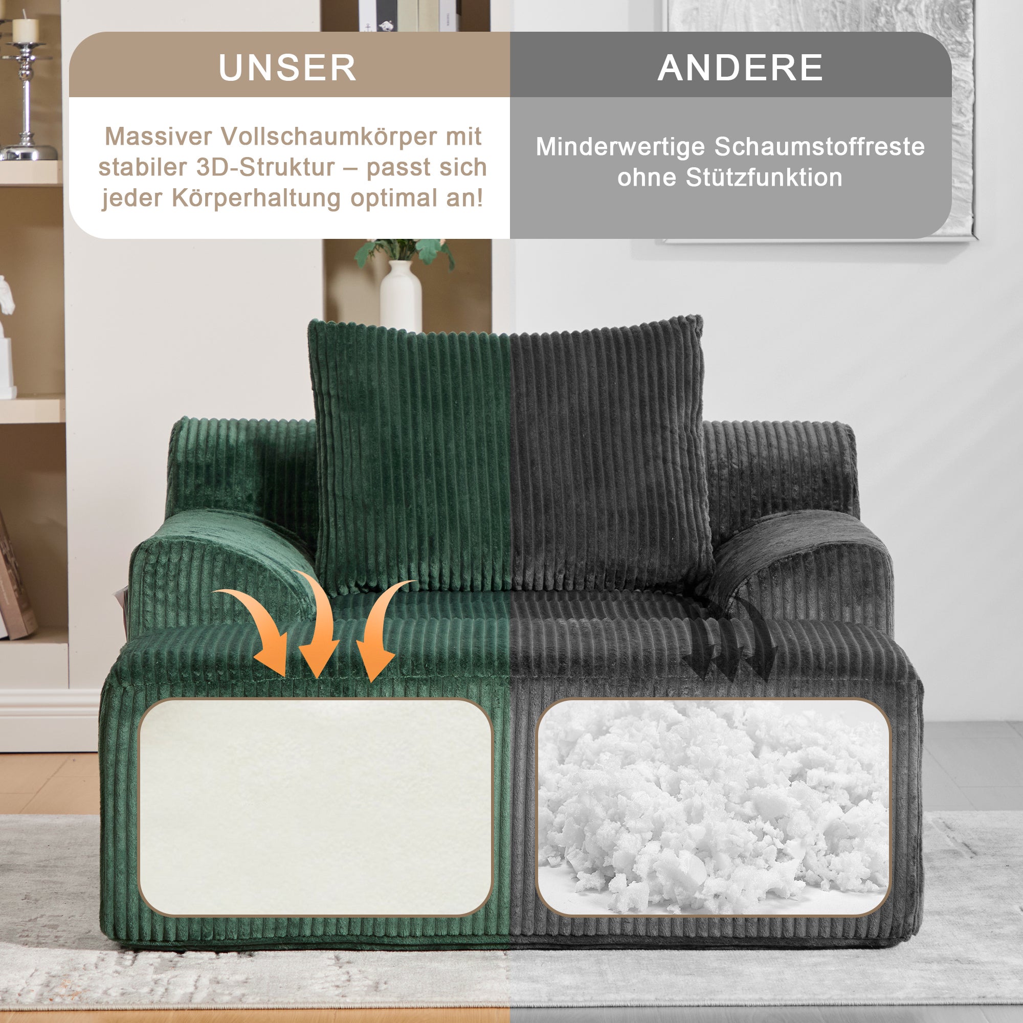 Fauteuil surdimensionné en velours côtelé, poches latérales, coussin, assise profonde, sans montage – ComfortXL - 6