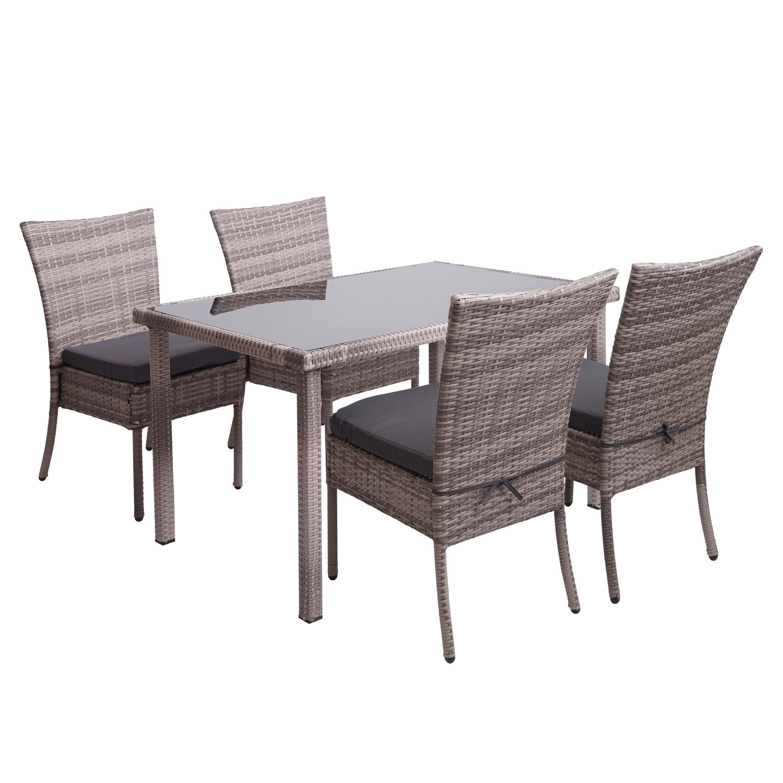 Zestaw z polirutanu HWC-G19, zestaw balkonowy/lounge, 4 krzesła + stół, 120 x 75 cm ~ szaro-brązowy, poduszki ciemnoszare