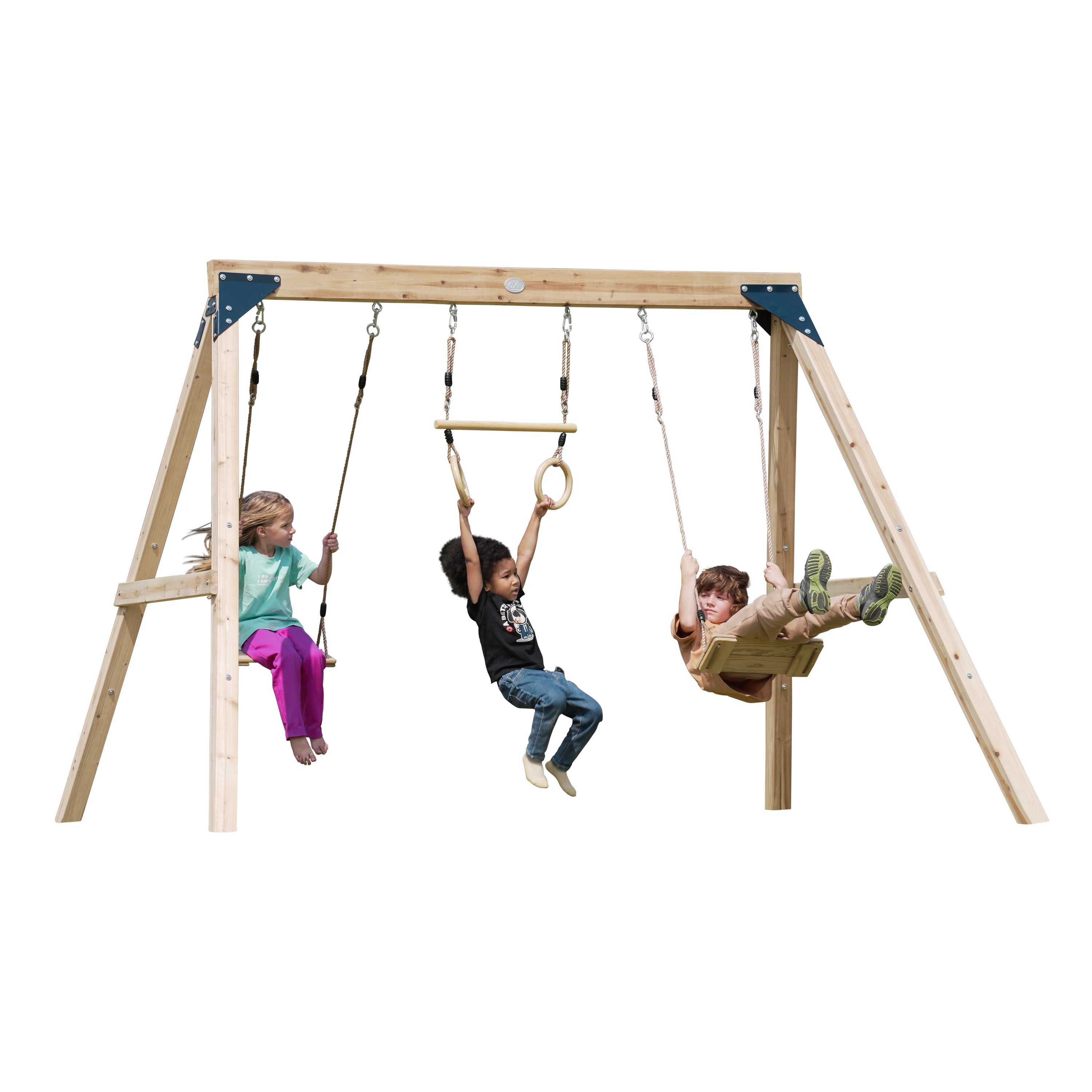 AXI Maya Balançoire Double en Bois FSC Marron avec Trapèze - Portique autoportant avec 2 sièges - Pour enfants avec Trapèze - Garantie 10 ans - 6