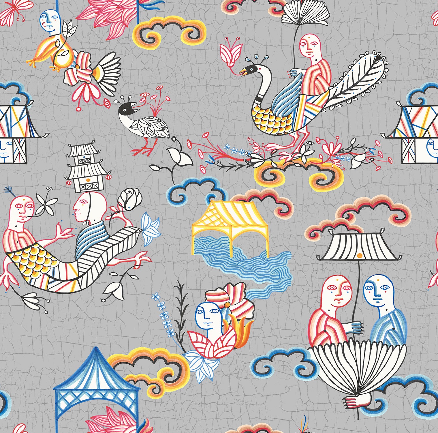 Tapeta surrealistyczny motyw szarymIw wielu kolorach - 53 cm x 10 m - WALLS4YOU