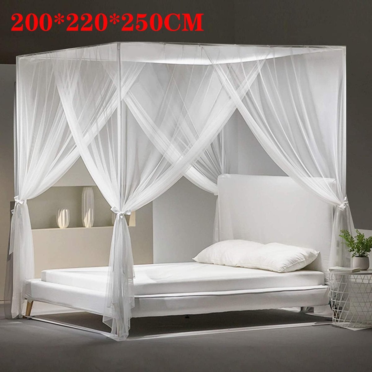 Plasă de țânțari pătrată pentru pat dublu, dimensiuni 210x190x240 cm, deschidere pe patru laturi, fabricată din fibră de poliester