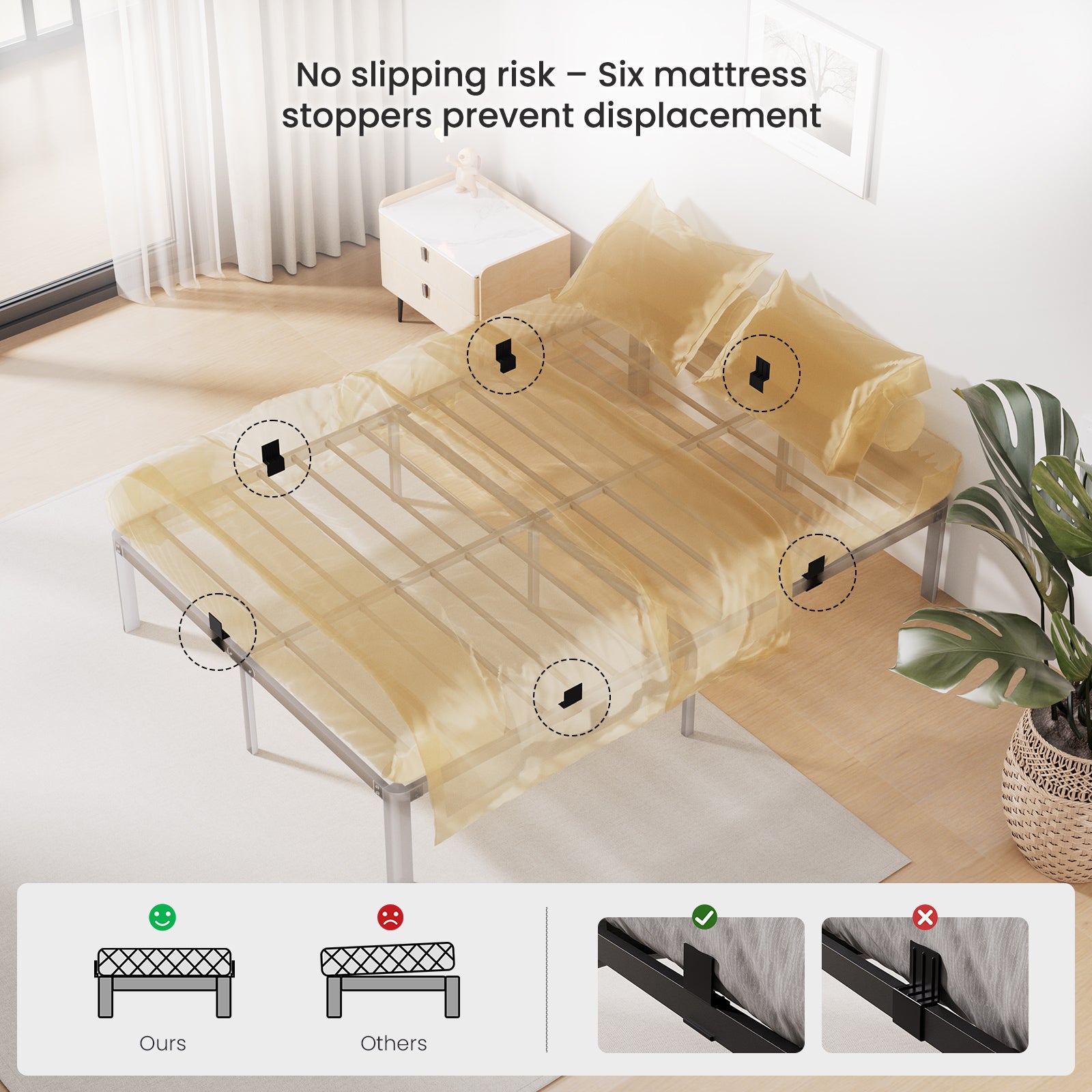Cama 140x200 cm, Cama casal, 363 kg, espaço sob a cama 32 cm, estrutura reforçada, estofada preta, Estrado plataforma, estável, silencioso - 7