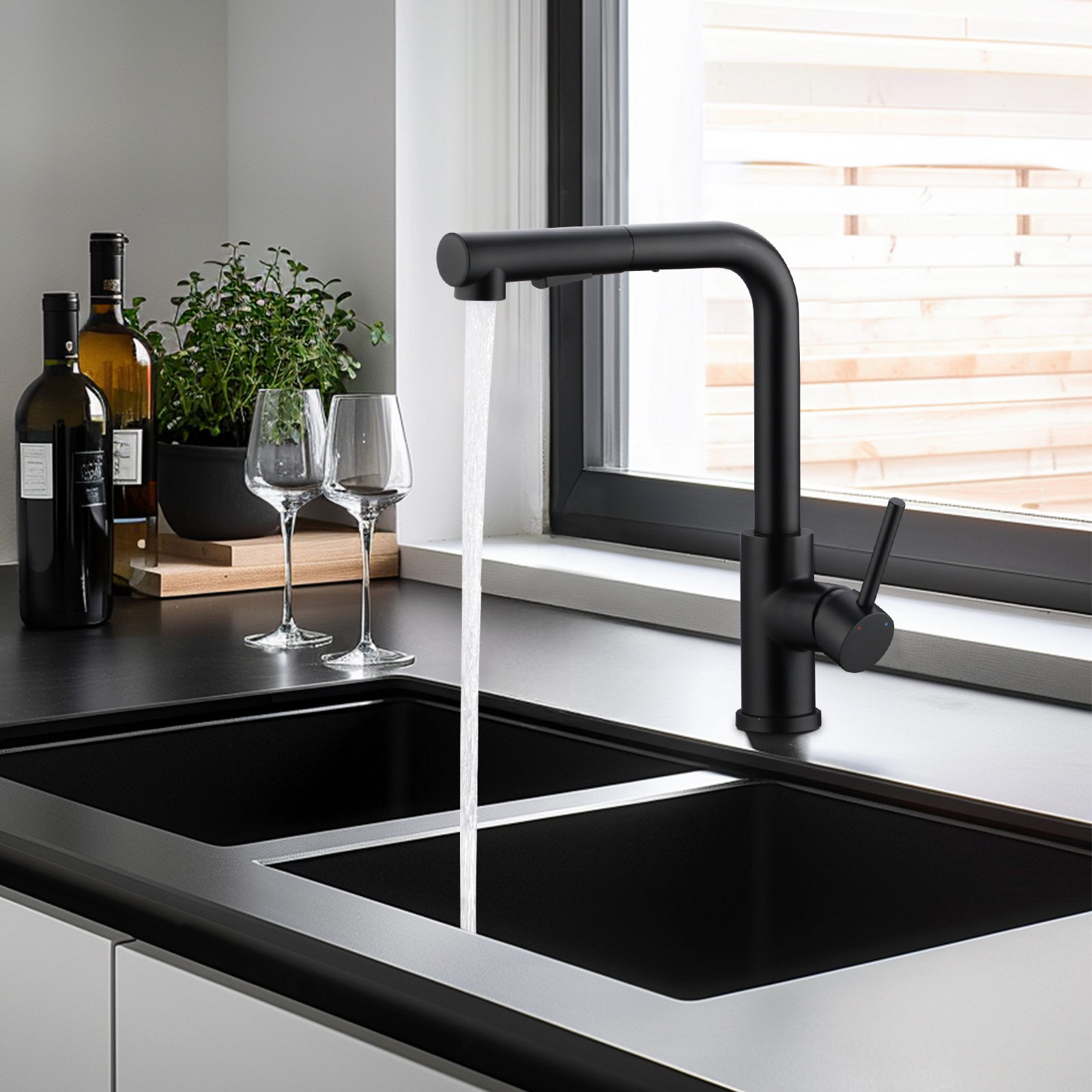 LOVHAUS Bateria Kuchenna Niskociśnieniowa, Czarna Bateria Kuchenna z Wyciąganą Wylewką, 2 Tryby Natrysku, Bateria Kuchenna Niskociśnieniowa